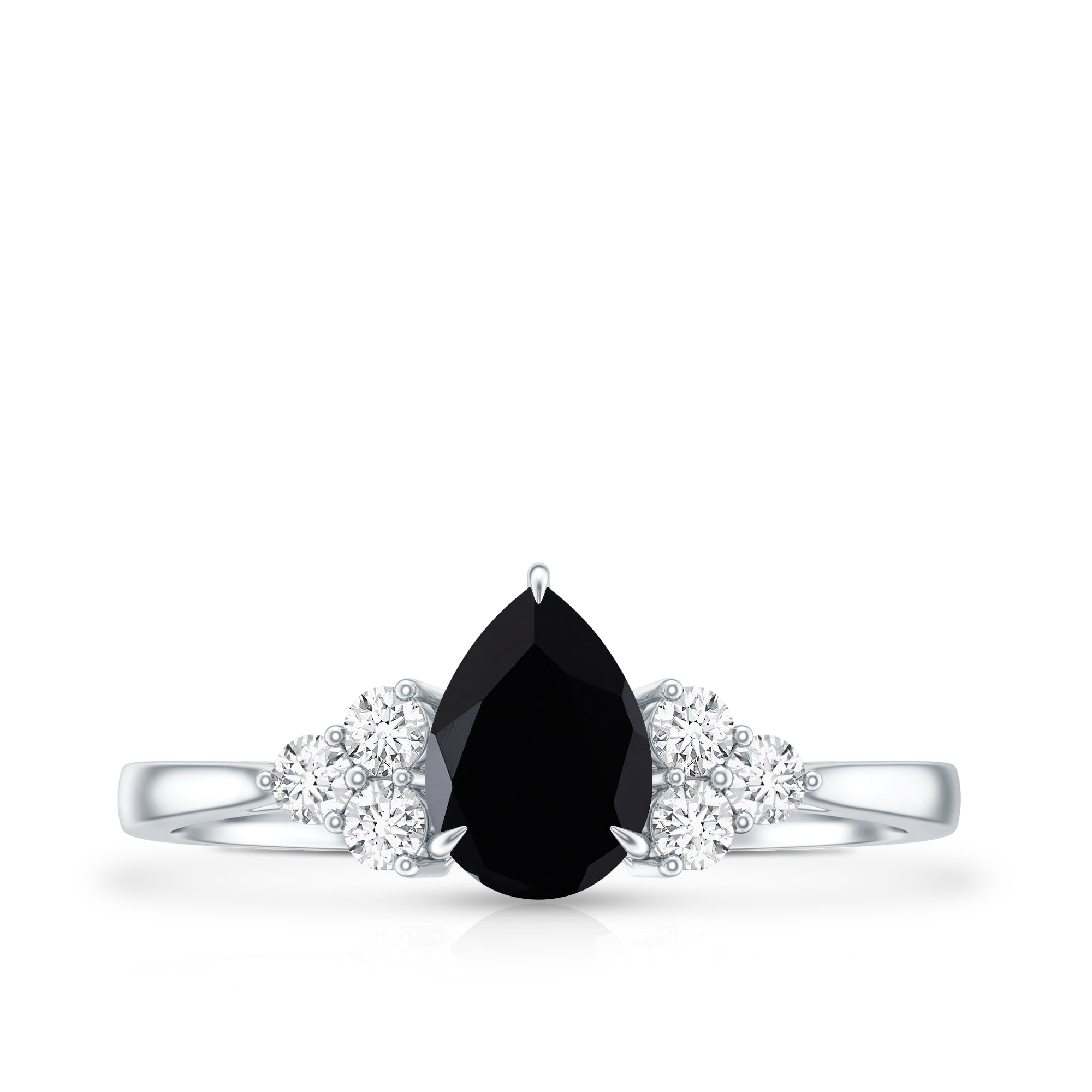 Pear Shaped Black Onyx Engagement Ring with Real Diamond Trio AAA - Rosec Jewels