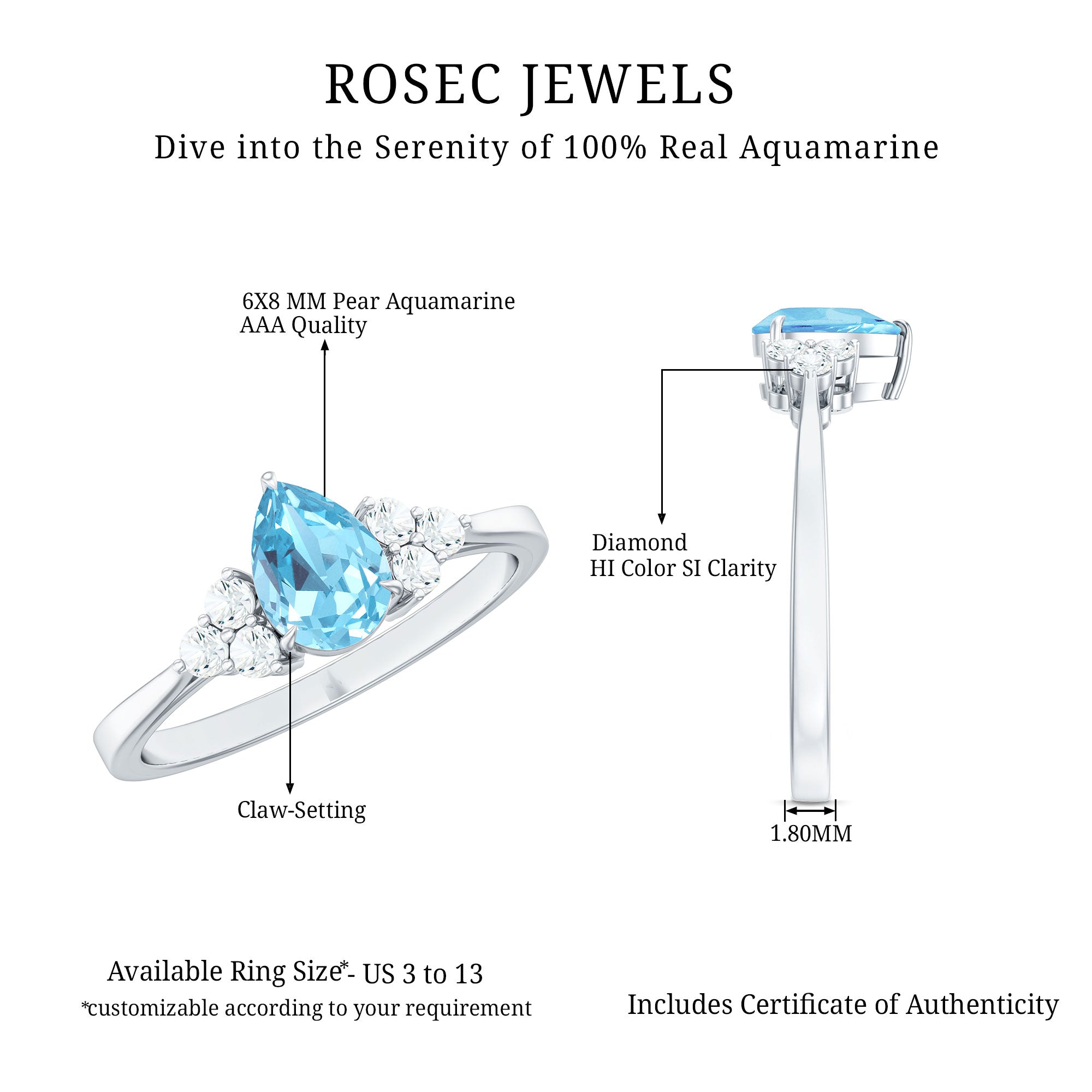 1 Carat Aquamarine Pear Engagement Ring with Diamond Trio AAA - Rosec Jewels
