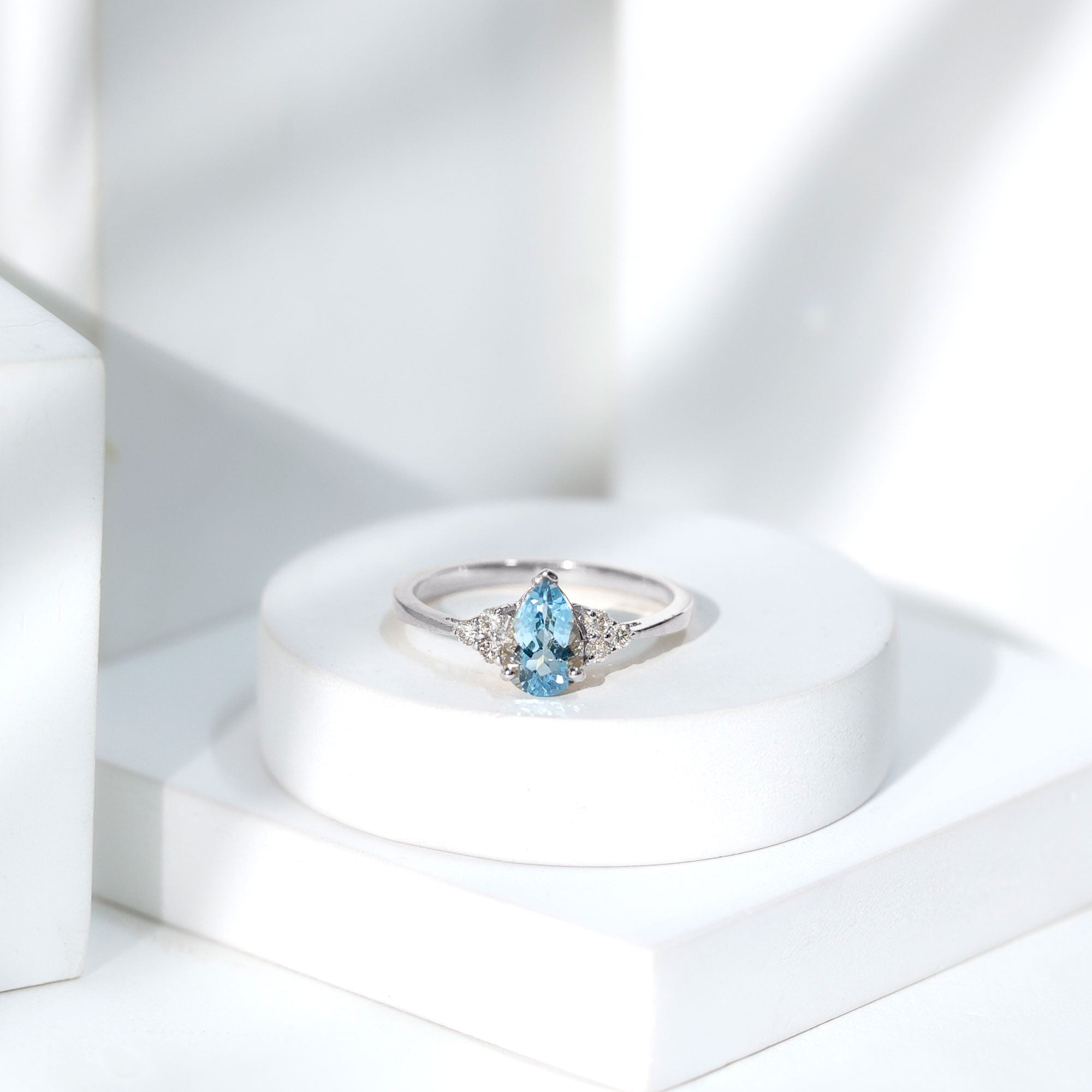1 Carat Aquamarine Pear Engagement Ring with Diamond Trio AAA - Rosec Jewels