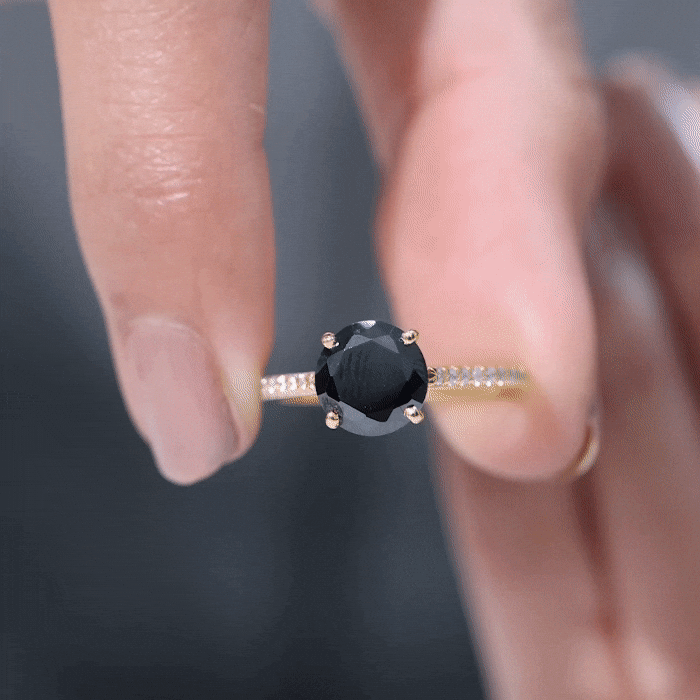 Round Cut Black Onyx Engagement Ring with Diamond Side Stones AAA - Rosec Jewels