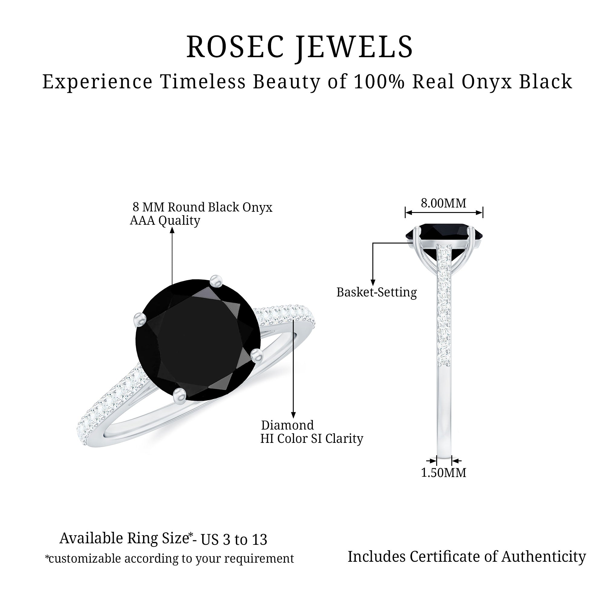 Round Cut Black Onyx Engagement Ring with Diamond Side Stones AAA - Rosec Jewels
