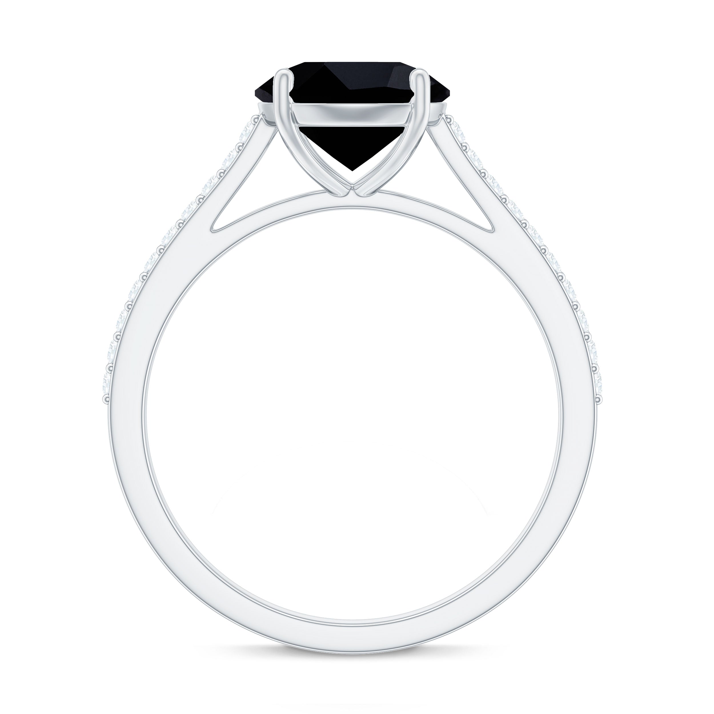 Round Cut Black Onyx Engagement Ring with Diamond Side Stones AAA - Rosec Jewels