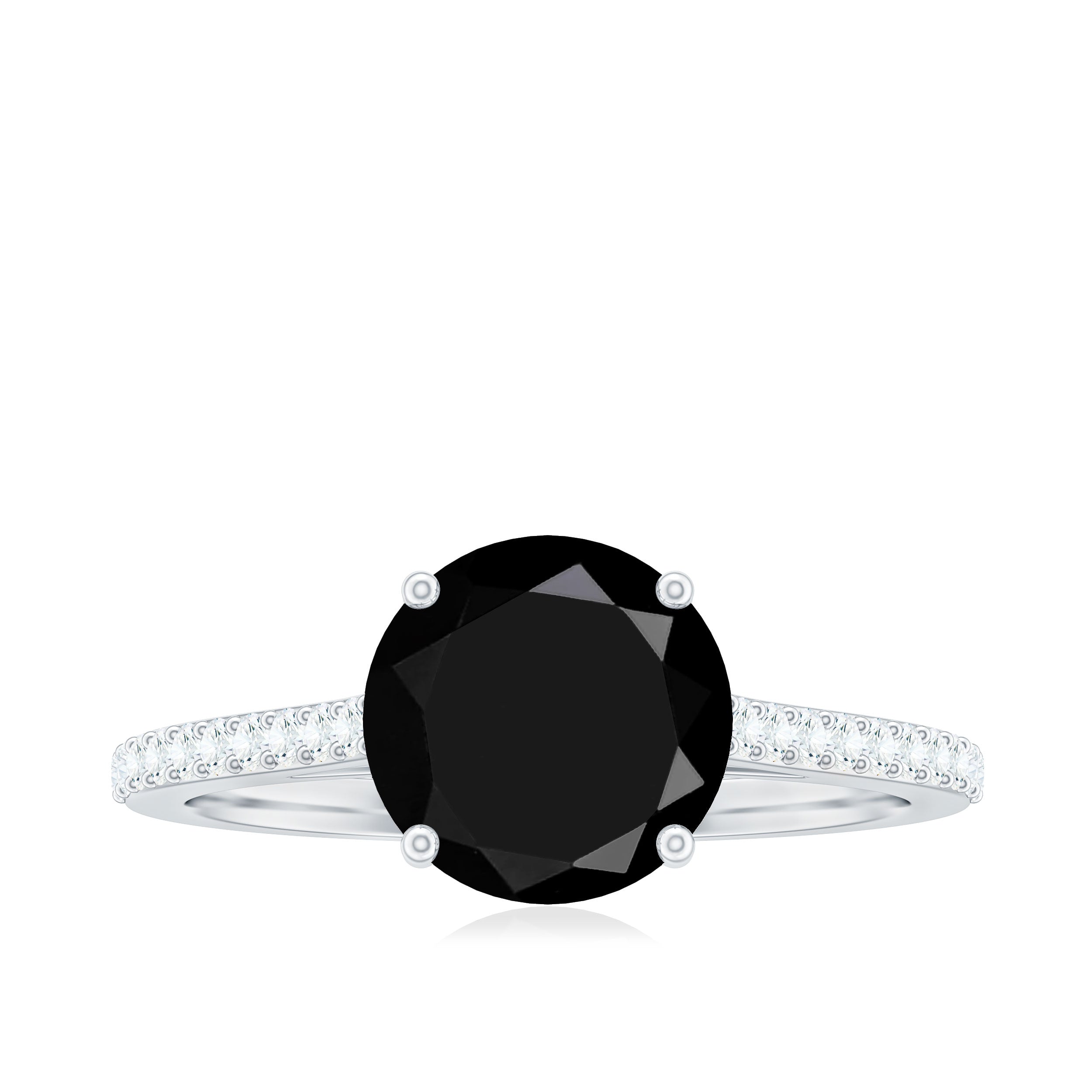 Round Cut Black Onyx Engagement Ring with Diamond Side Stones AAA - Rosec Jewels