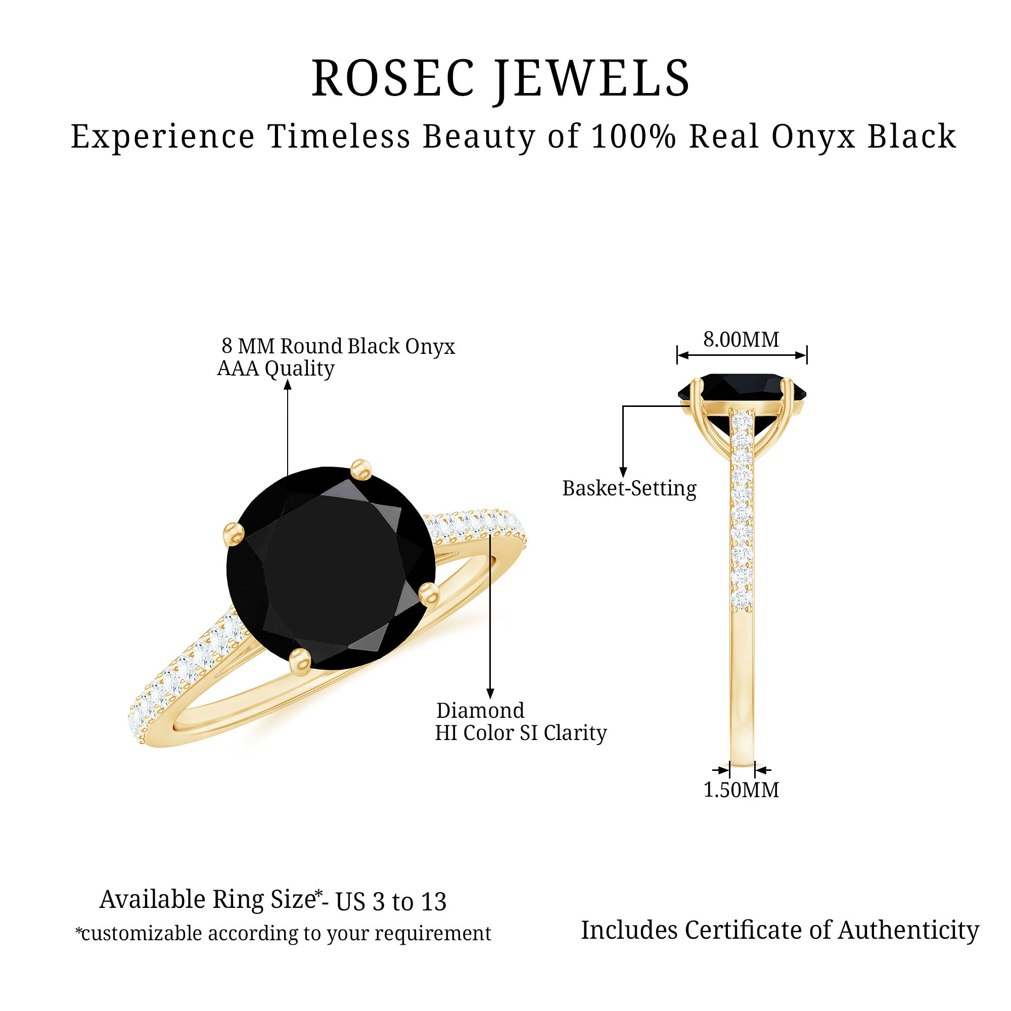 Round Cut Black Onyx Engagement Ring with Diamond Side Stones AAA - Rosec Jewels