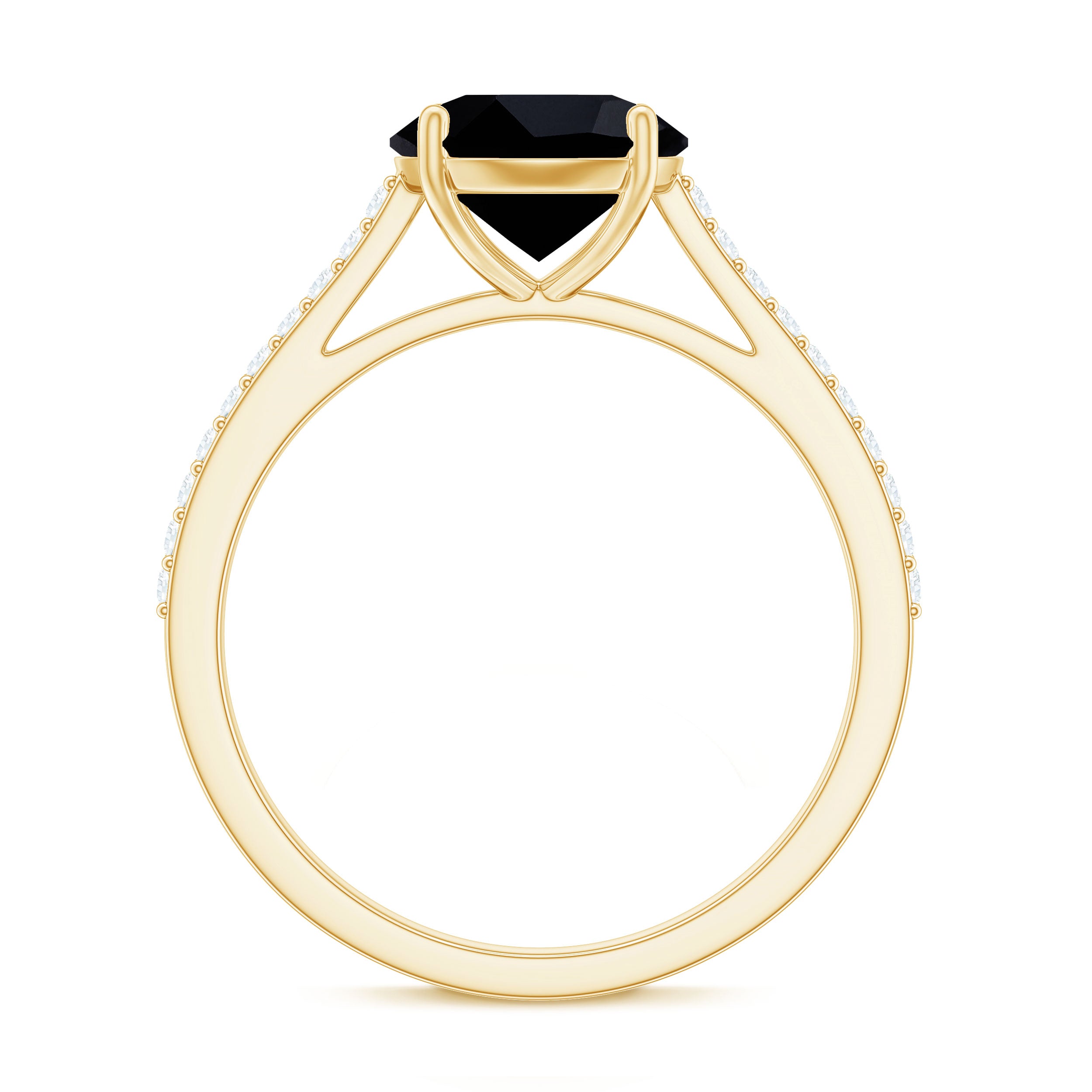 Round Cut Black Onyx Engagement Ring with Diamond Side Stones AAA - Rosec Jewels