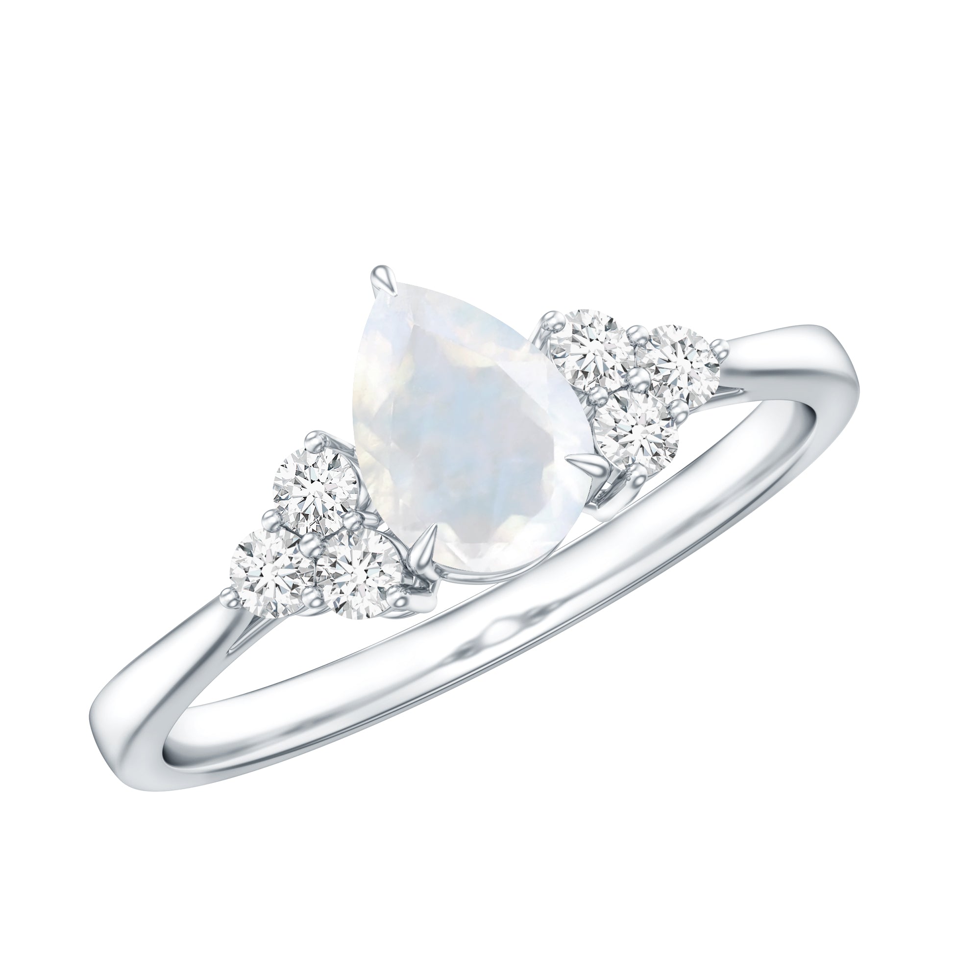 Pear Shape Moonstone Solitaire Ring with Diamond Trio AAA - Rosec Jewels