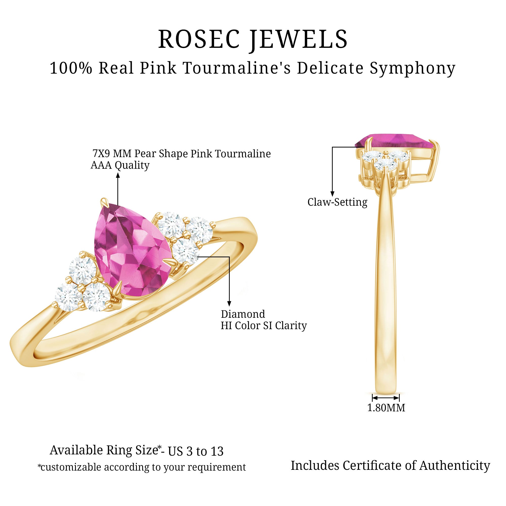 3/4 CT Natural Pink Tourmaline Teardrop Solitaire Ring with Diamond Trio AAA - Rosec Jewels