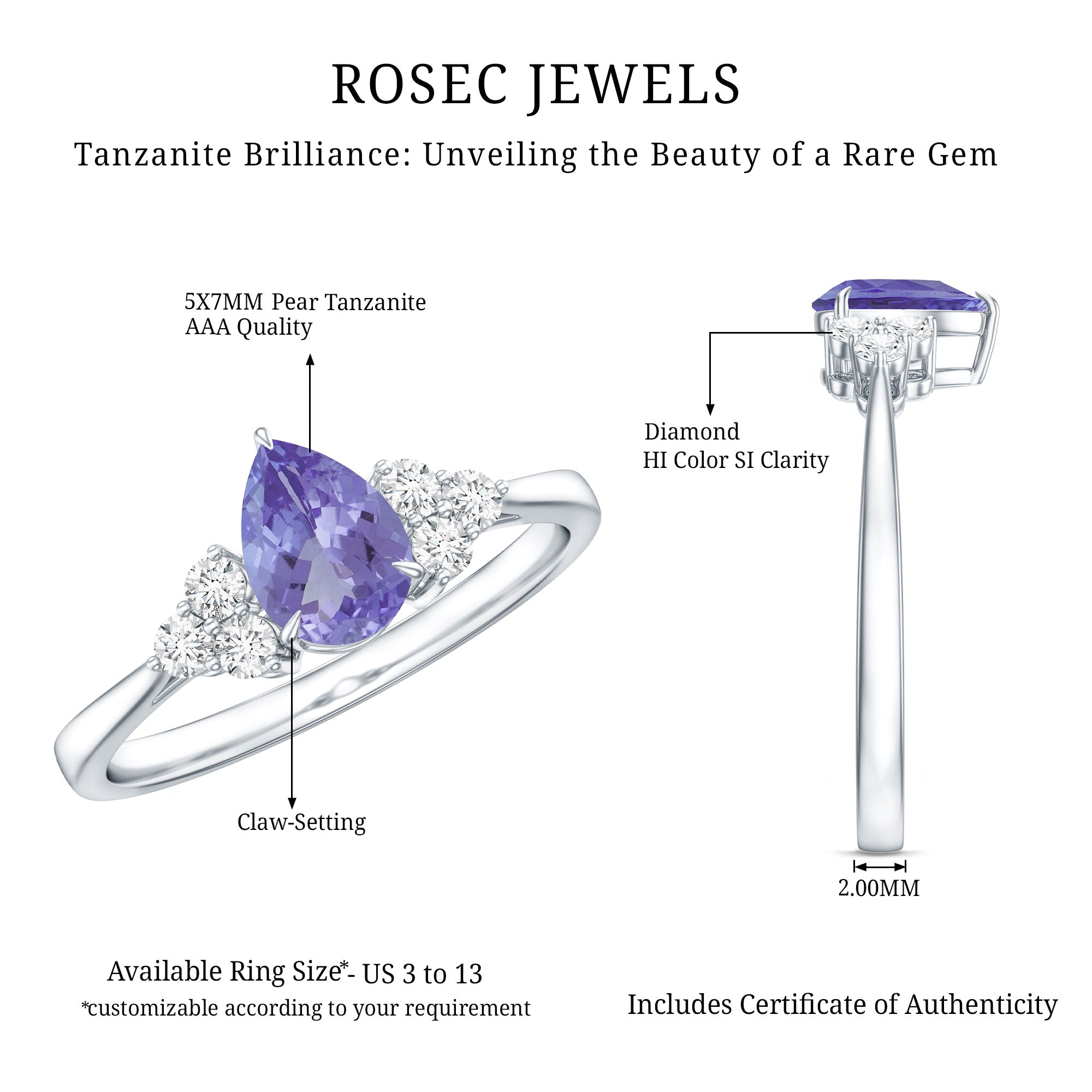 0.8 Carat Pear Shaped Tanzanite Engagement Ring with Diamond Trio AAA - Rosec Jewels