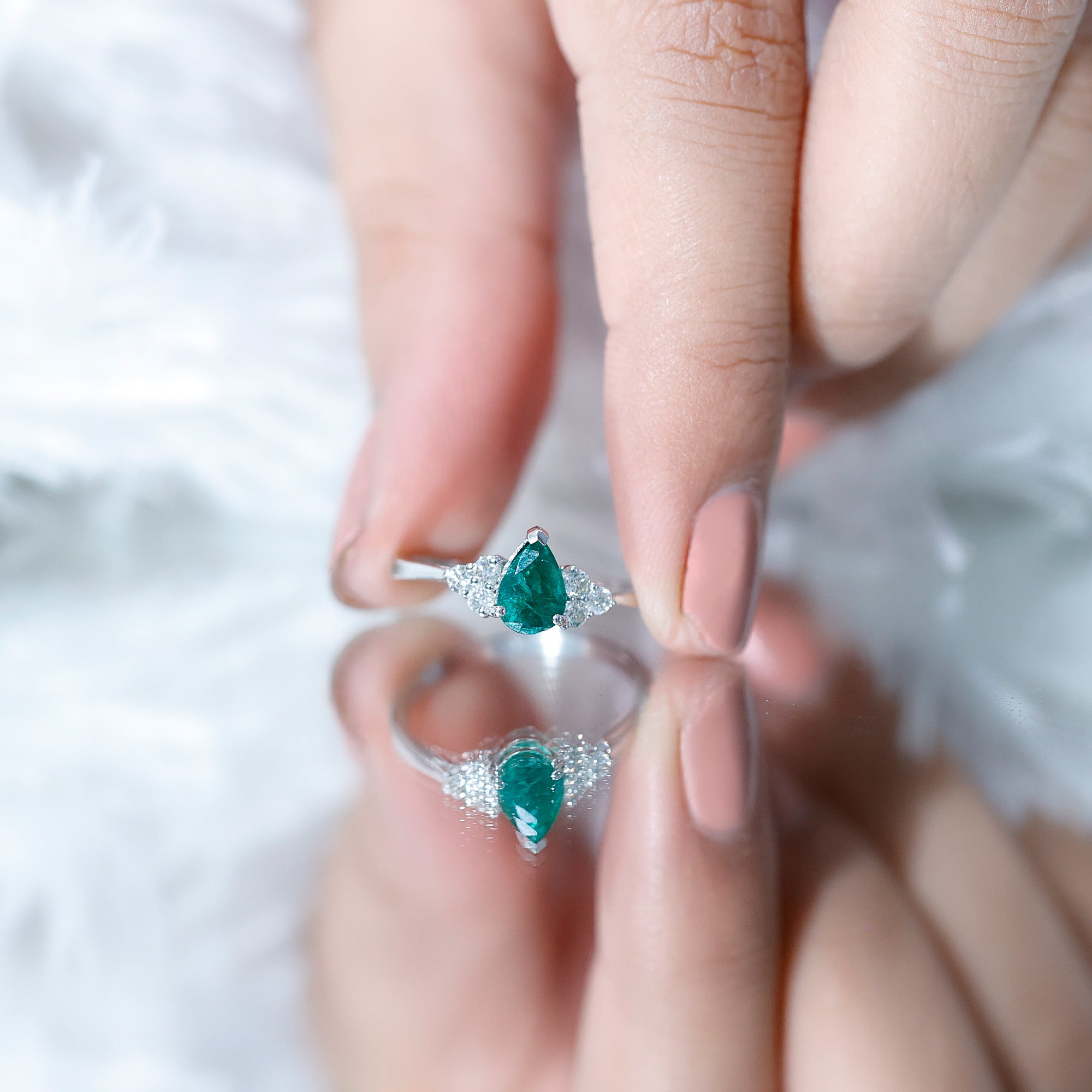 5X7mm AAA Quality Pear Shape Emerald Solitaire Engagement Ring with Diamond Trio AAA - Rosec Jewels
