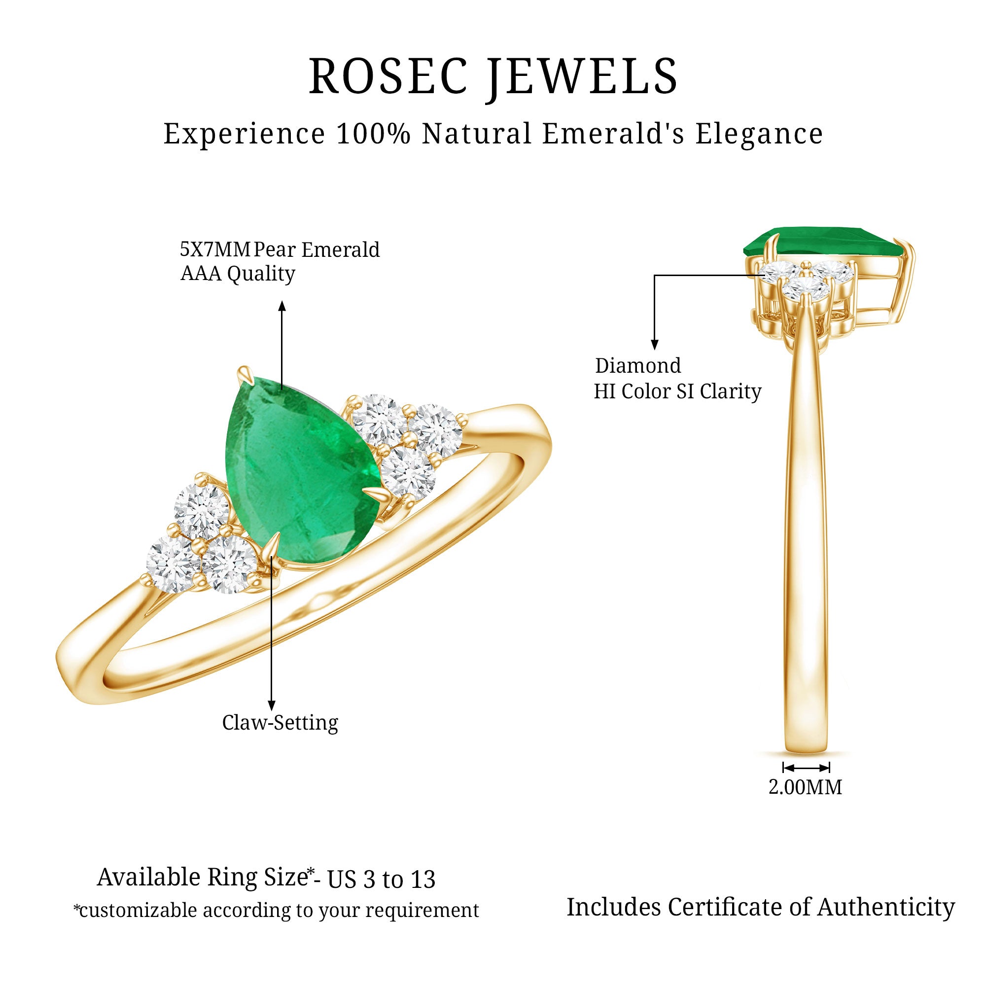 5X7mm AAA Quality Pear Shape Emerald Solitaire Engagement Ring with Diamond Trio AAA - Rosec Jewels
