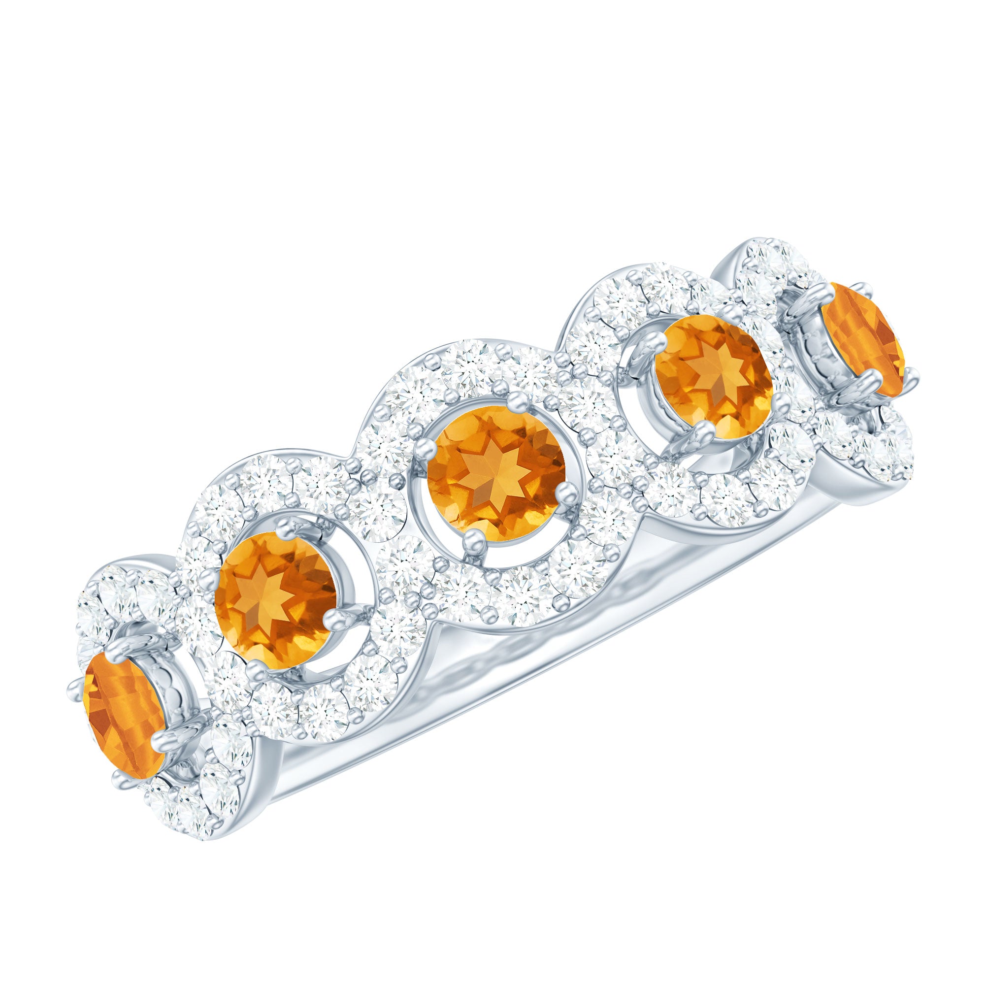 Certified Citrine and Diamond Classic Halo Half Eternity Band Ring