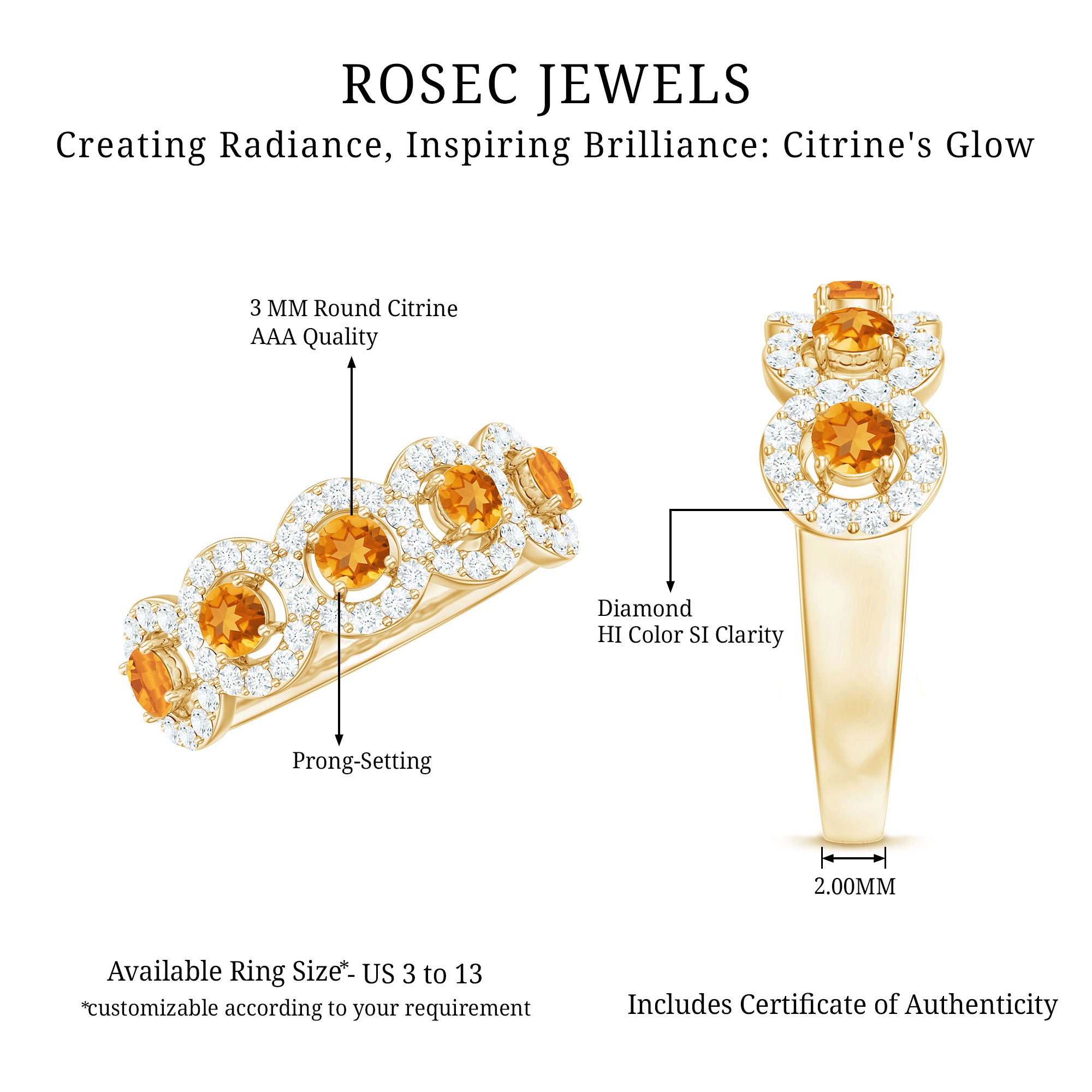Certified Natural Citrine Diamond Half Eternity Band for Anniversary AAA - Rosec Jewels