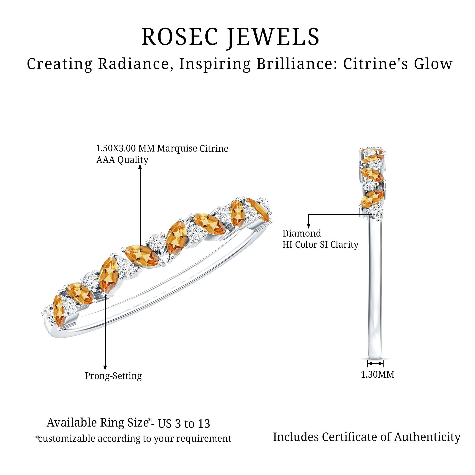 Rosec Jewels-Genuine Marquise Citrine Half Eternity Ring with Diamond