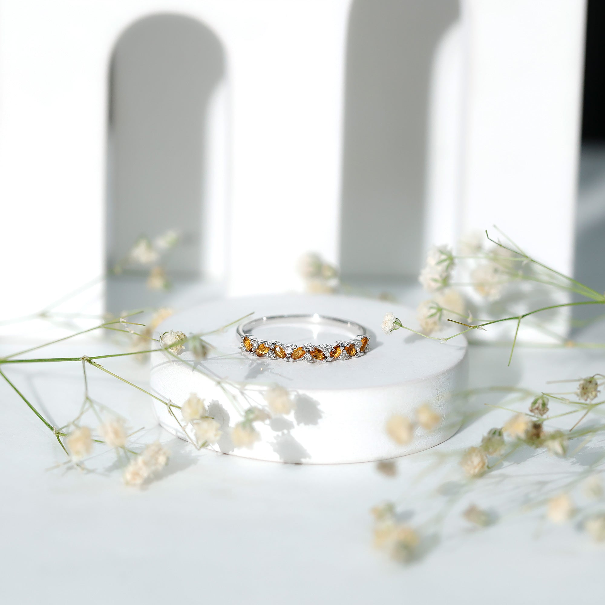 Rosec Jewels-Genuine Marquise Citrine Half Eternity Ring with Diamond