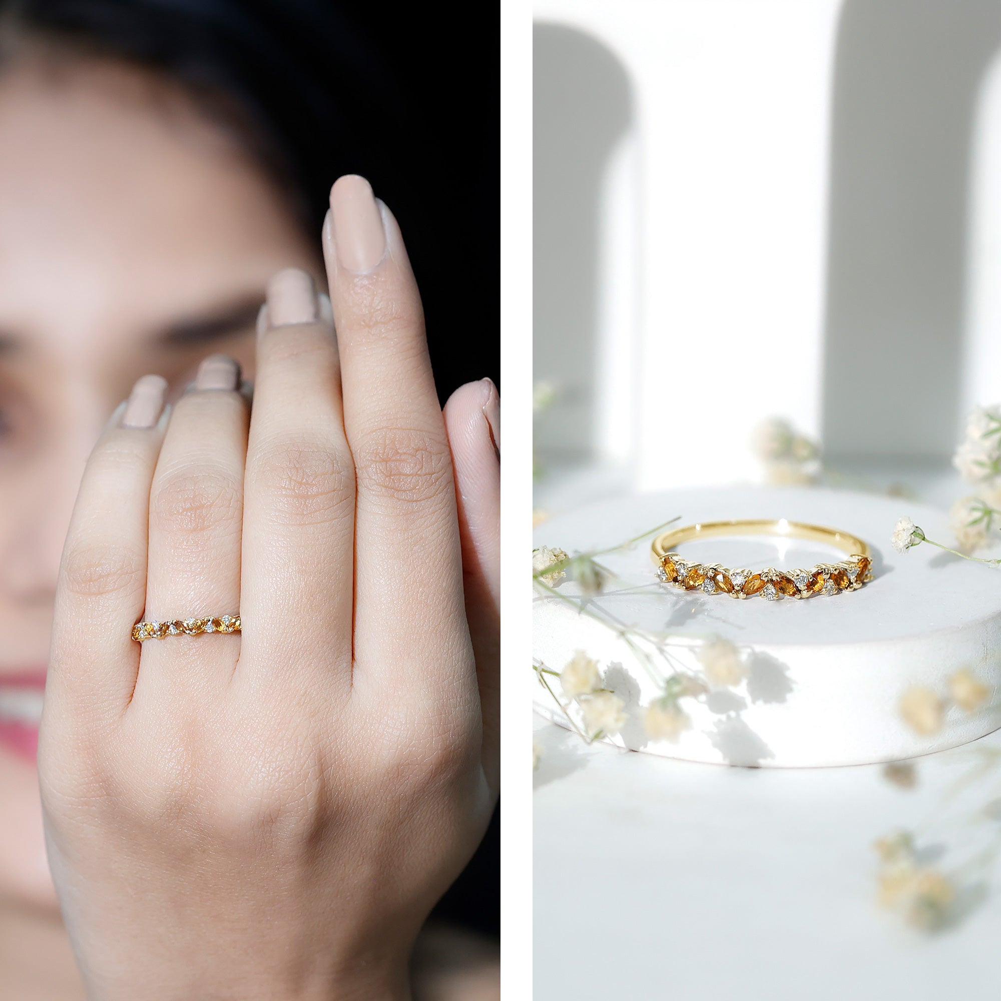 Rosec Jewels-Genuine Marquise Citrine Half Eternity Ring with Diamond