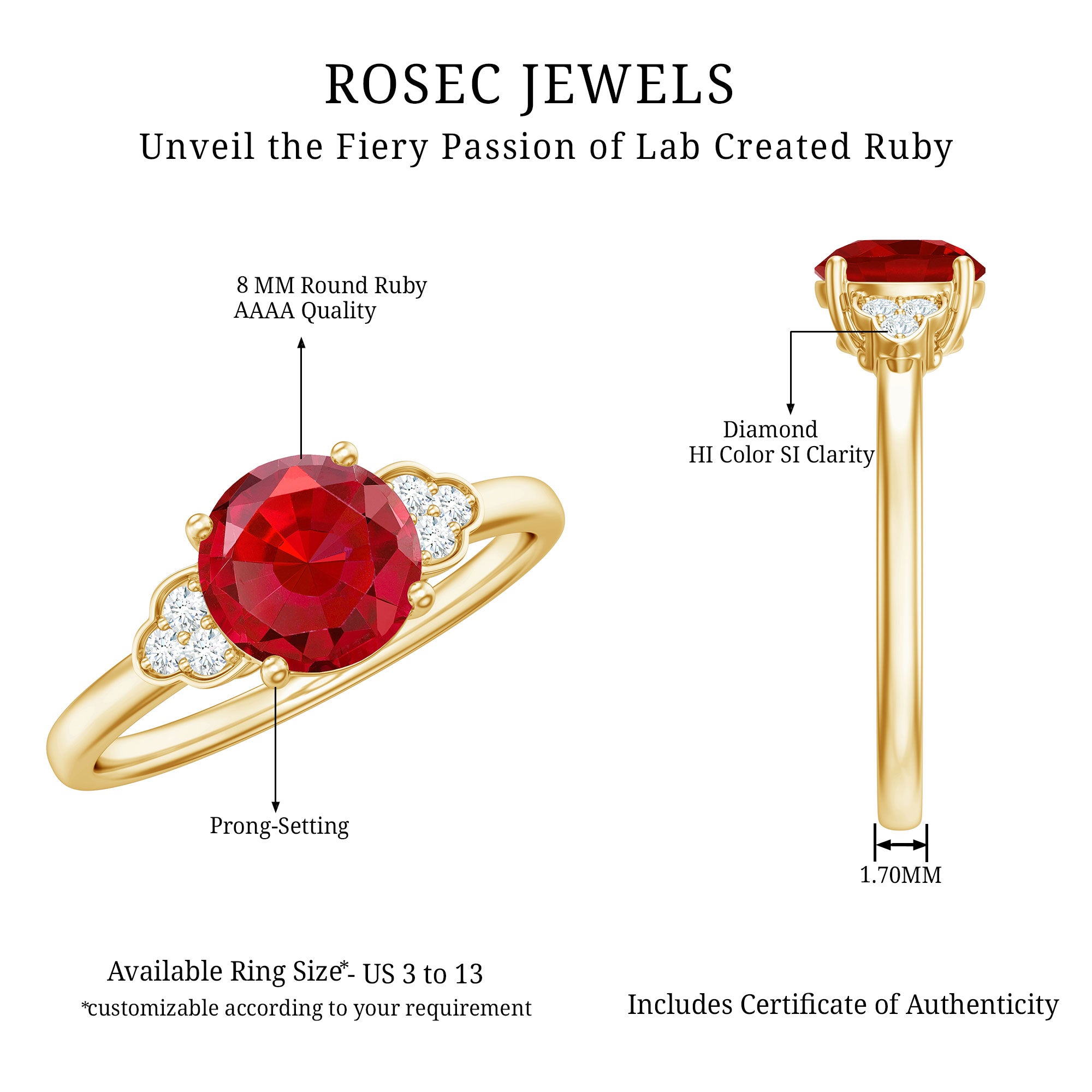 Rosec Jewels-Lab Grown Ruby Solitaire Engagement Ring with Diamond Trio