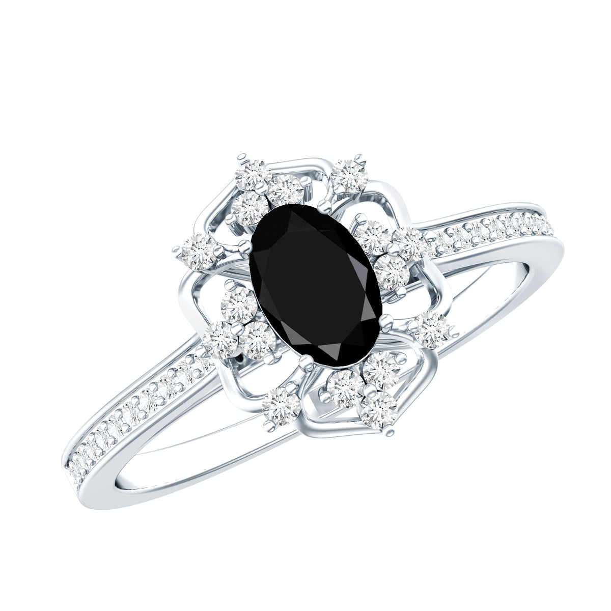 Vintage Looking Black Spinel Oval Engagement Ring with Diamond AAA - Rosec Jewels