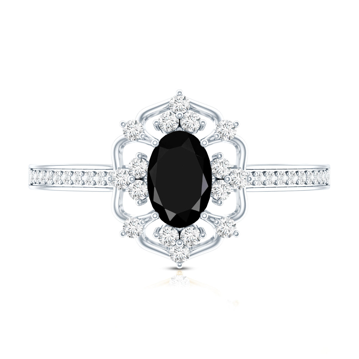 Vintage Looking Black Spinel Oval Engagement Ring with Diamond AAA - Rosec Jewels