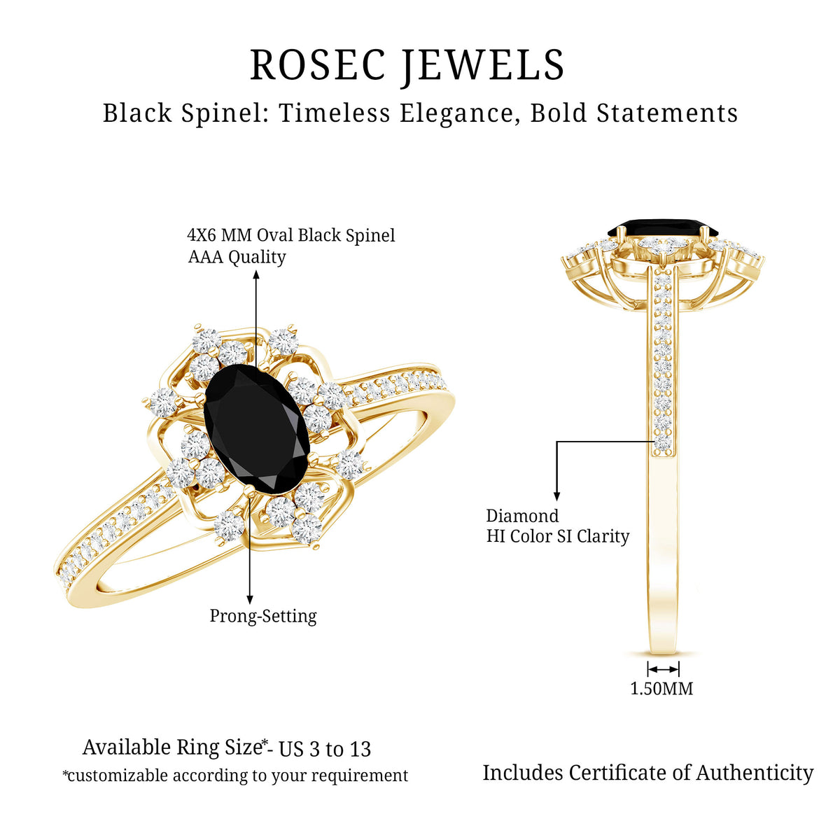 Vintage Looking Black Spinel Oval Engagement Ring with Diamond AAA - Rosec Jewels