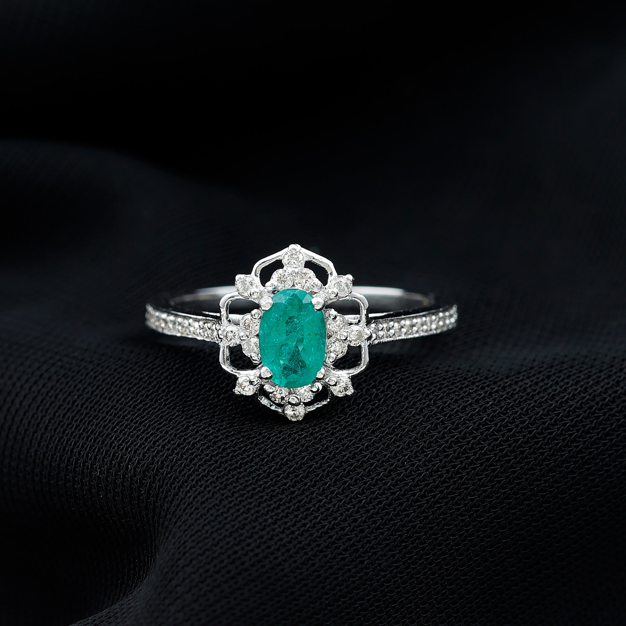 Rosec Jewels-Vintage Style Emerald and Diamond Oval Engagement Ring
