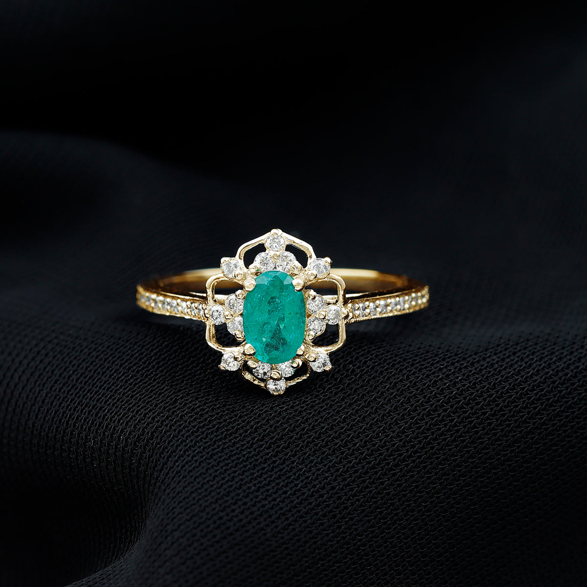 Vintage Style Emerald and Diamond Oval Engagement Ring AAA - Rosec Jewels