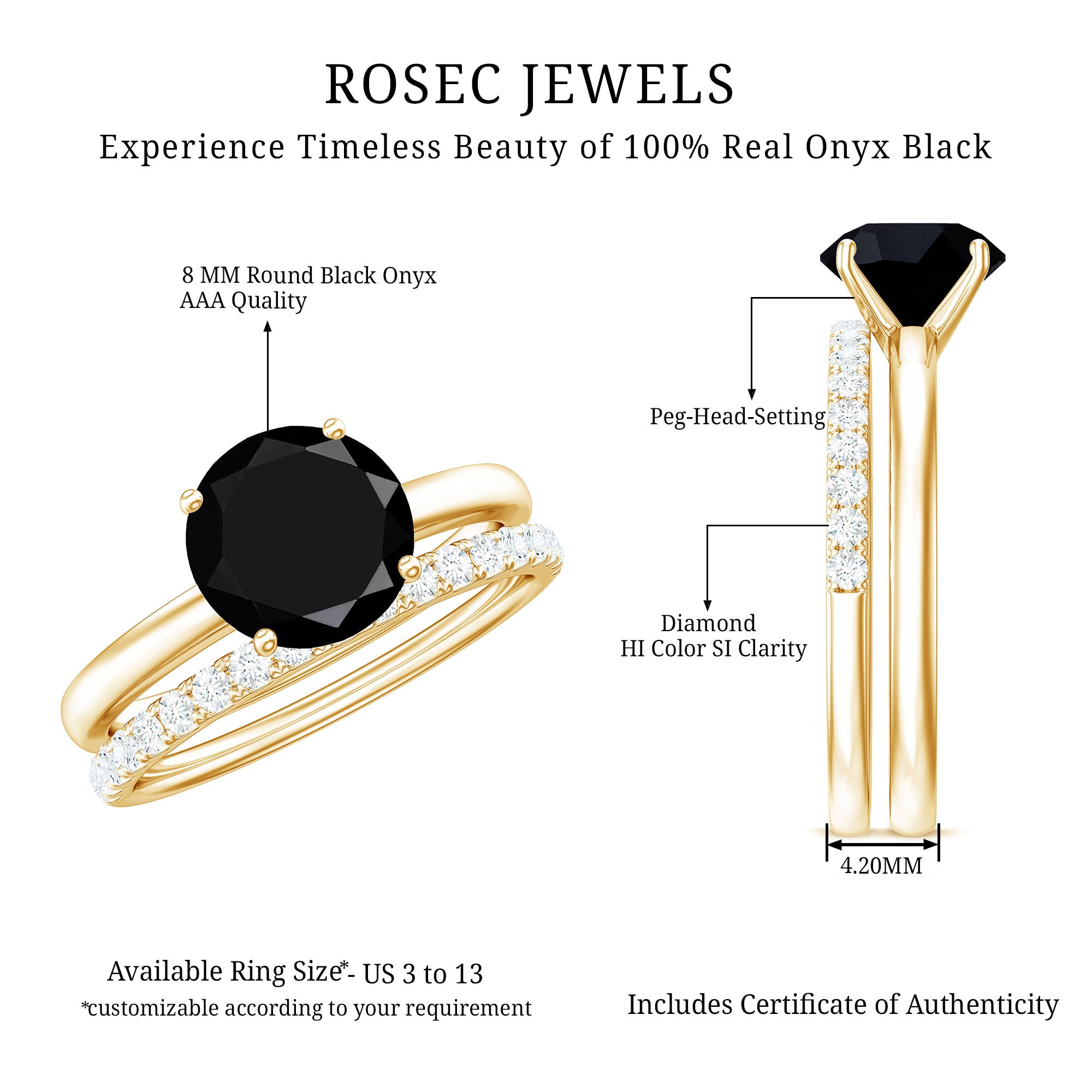 Natural 8mm Black Onyx Solitaire Engagement Rings with Diamond Enhancer AAA - Rosec Jewels