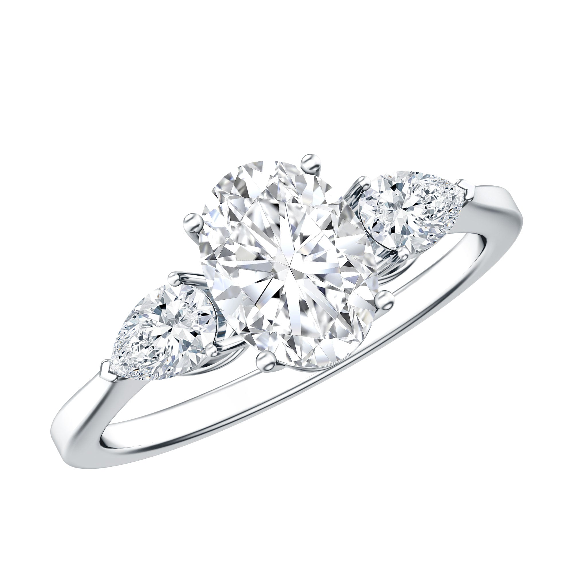 Rosec Jewels-Oval and Pear Cut Moissanite Three Stone Engagement Ring