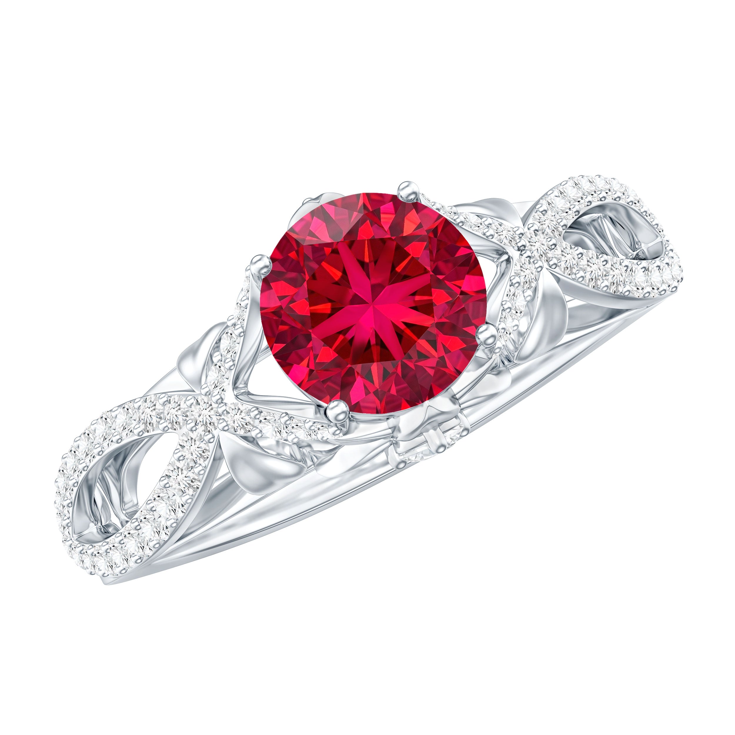 Classic Created Ruby and Diamond Crossover Engagement Ring with Diamond AAAA - Rosec Jewels