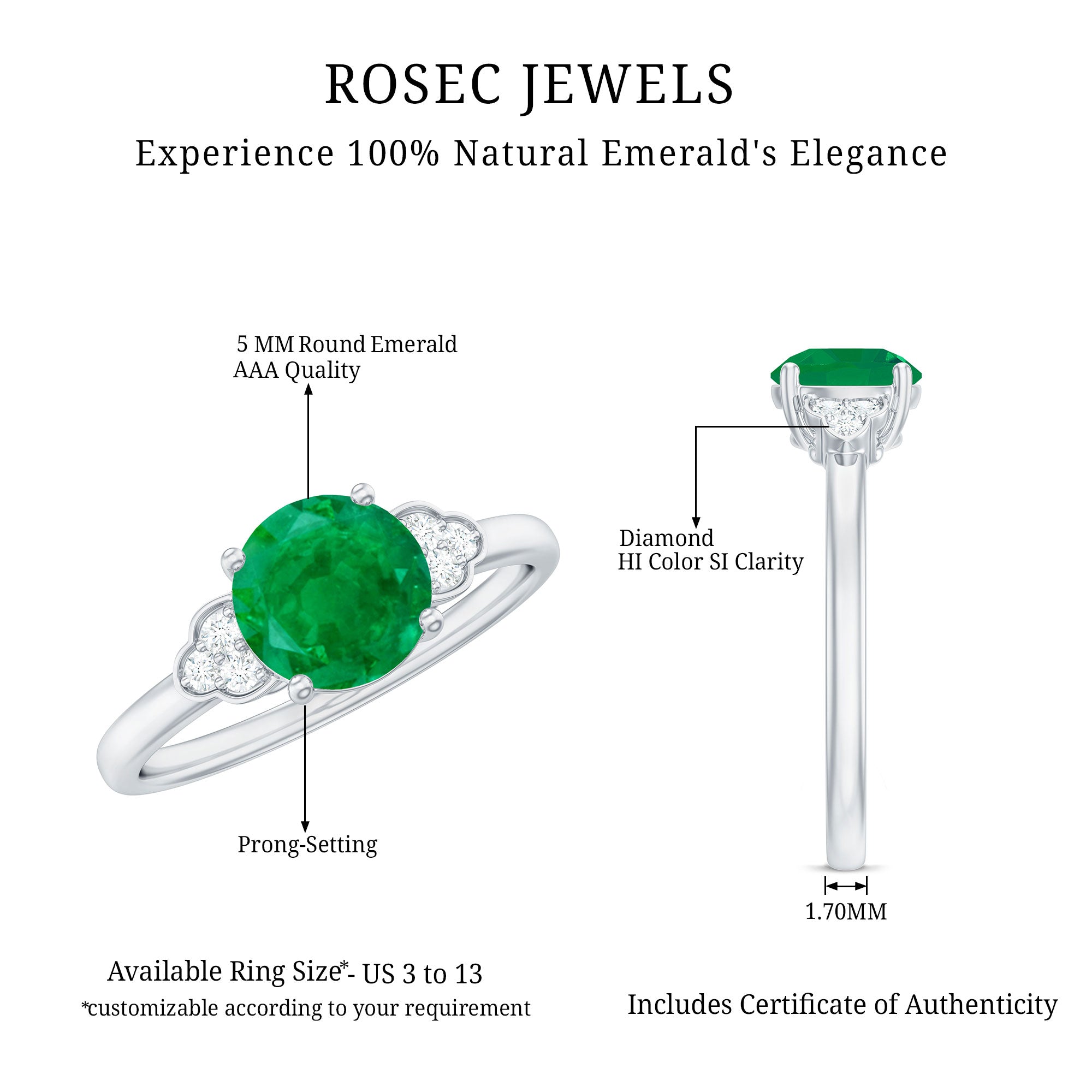 Natural Solitaire Emerald Engagement Ring with Diamond Trio AAA - Rosec Jewels