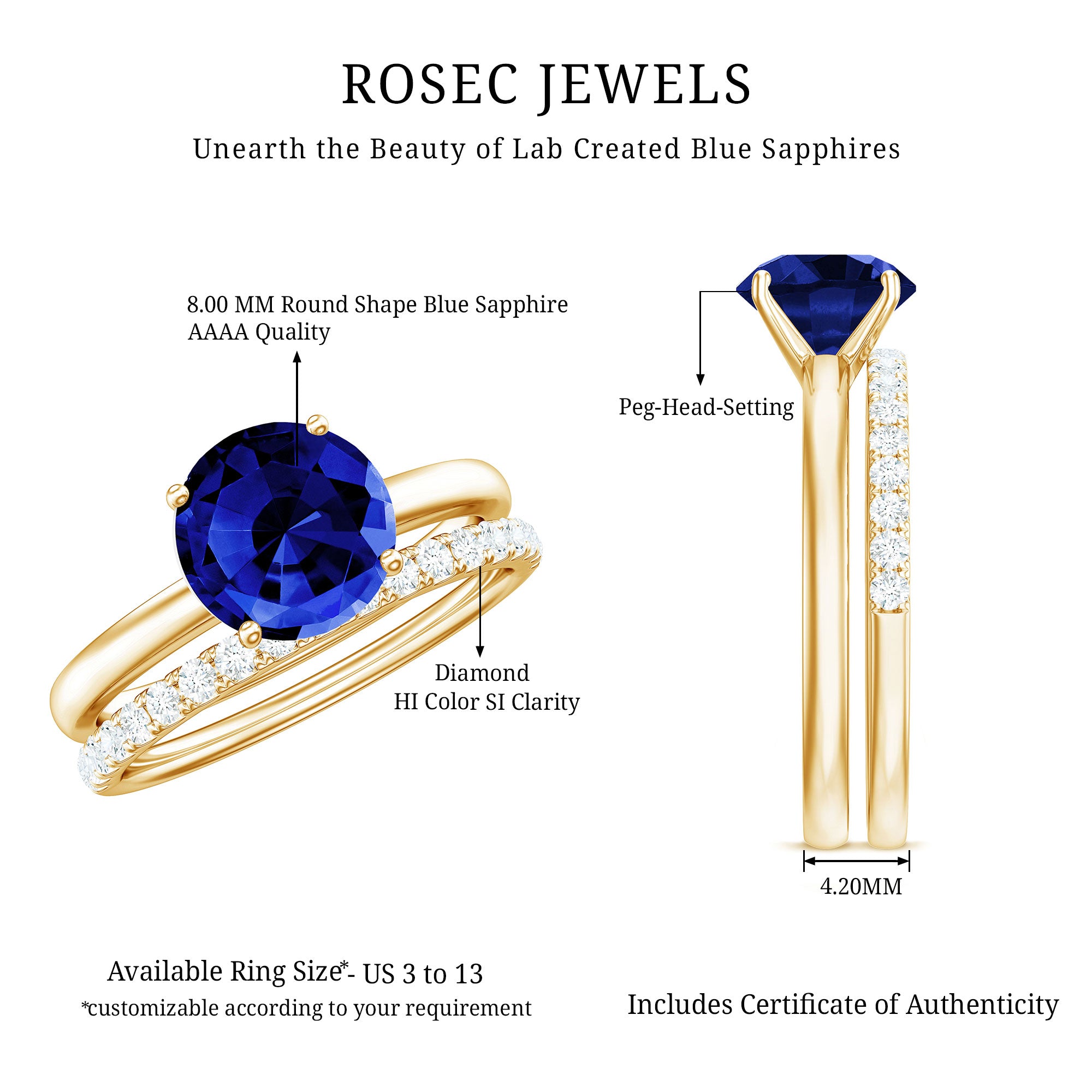 8mm Round Shape Lab Created Blue Sapphire Solitaire Wedding Ring Set with Diamond Band AAAA - Rosec Jewels