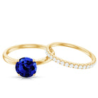 8mm Round Shape Lab Created Blue Sapphire Solitaire Wedding Ring Set with Diamond Band AAAA - Rosec Jewels