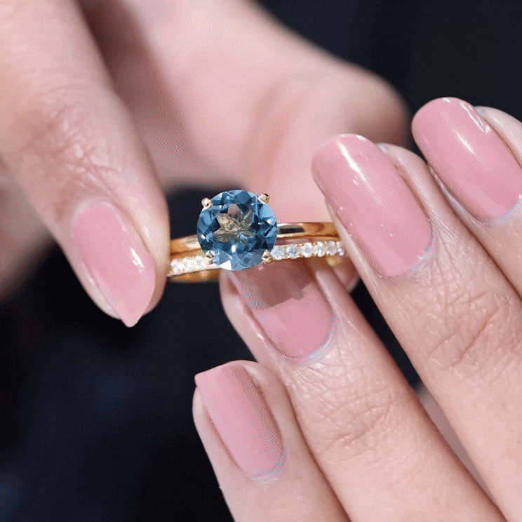 Rosec Jewels-8mm Round London Blue Topaz Solitaire Engagement Ring with Diamond Band