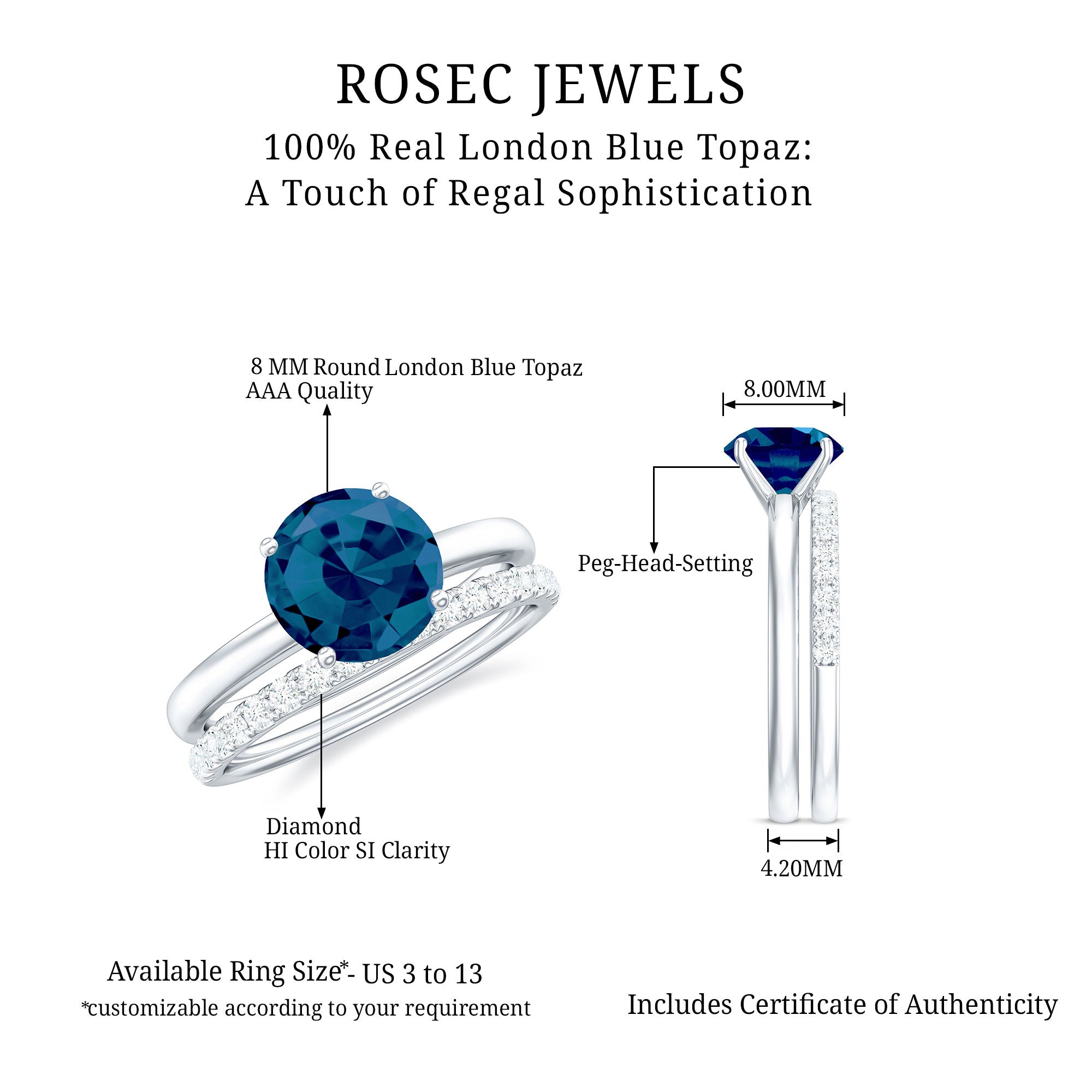 Rosec Jewels-8mm Round London Blue Topaz Solitaire Engagement Ring with Diamond Band