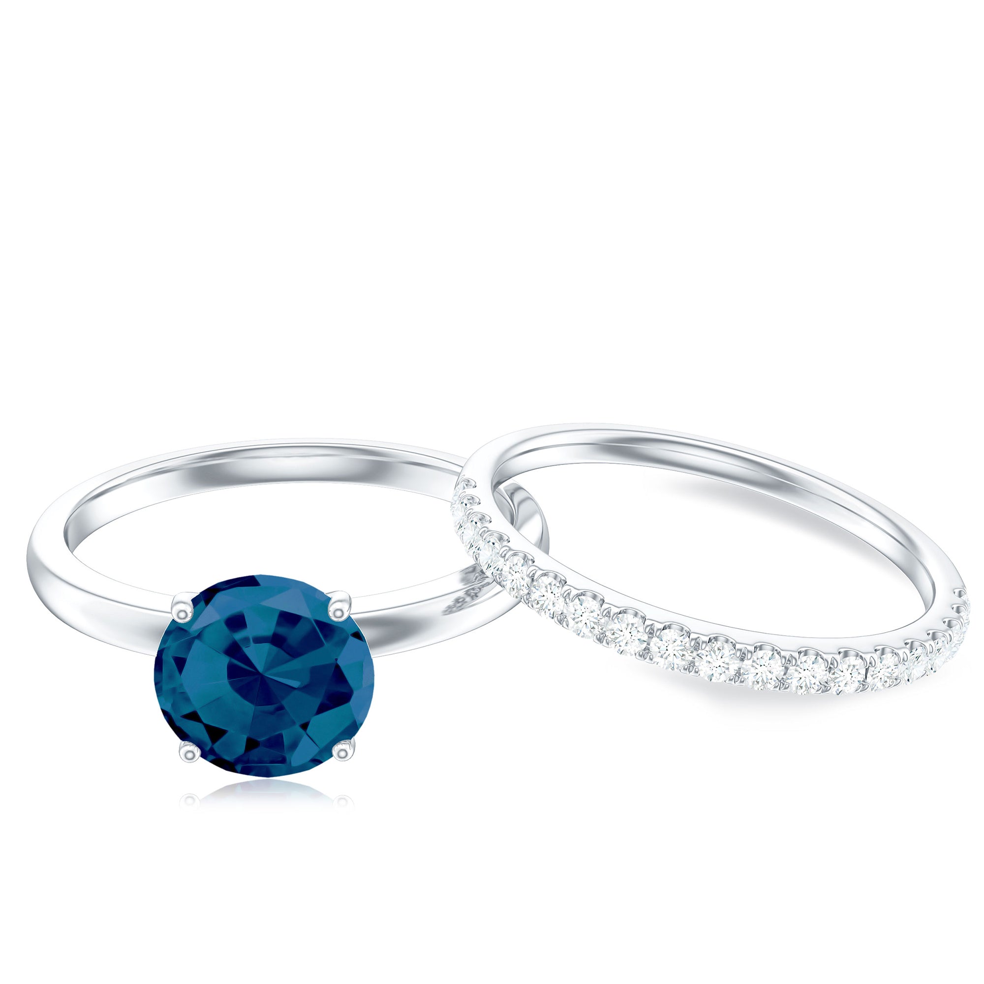 Rosec Jewels-8mm Round London Blue Topaz Solitaire Engagement Ring with Diamond Band