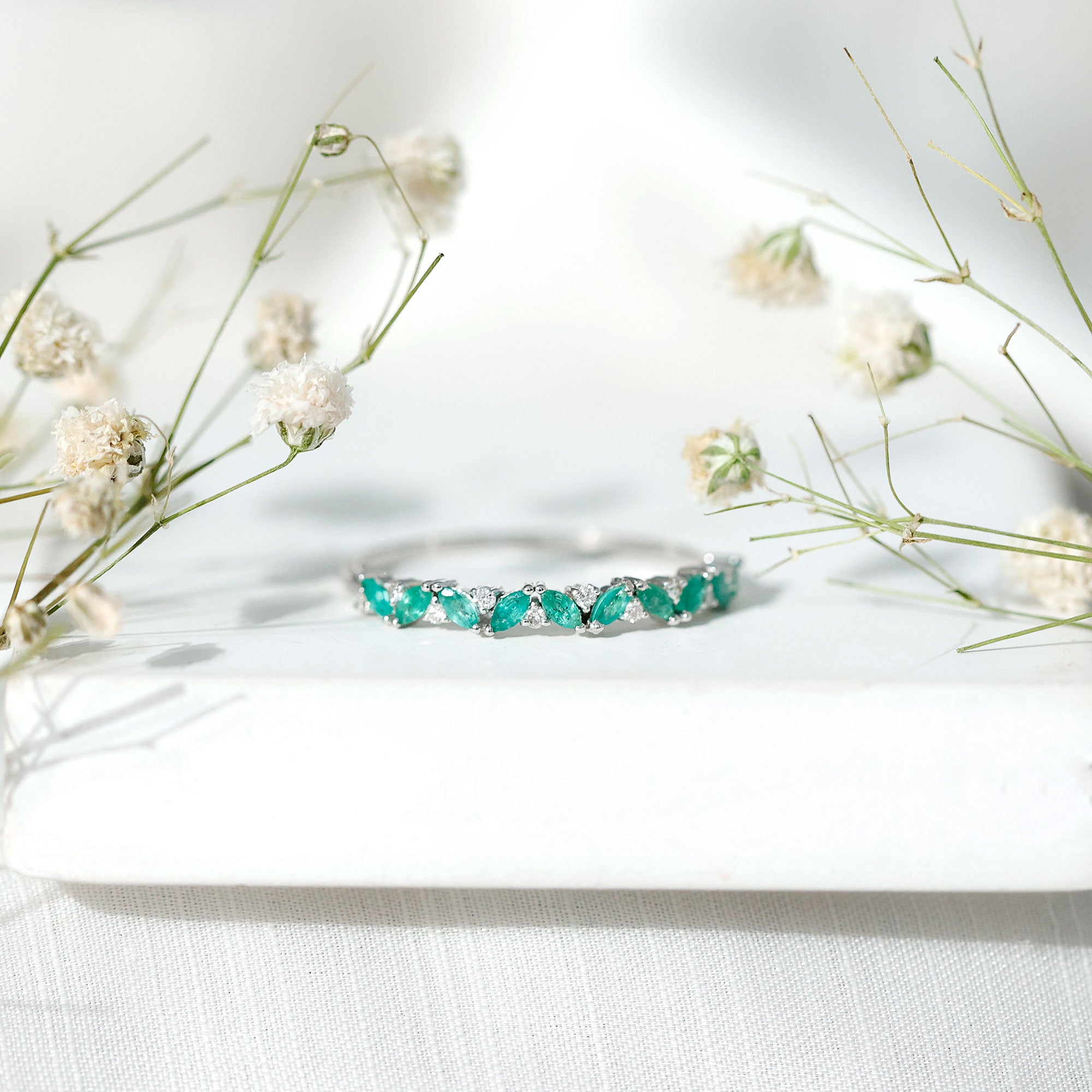 Rosec Jewels-Marquise Emerald and Diamond Half Eternity Ring