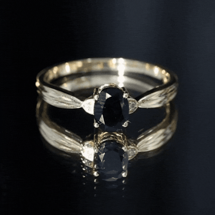 Solitaire Black Onyx Oval Engagement Ring with Diamond AAA - Rosec Jewels