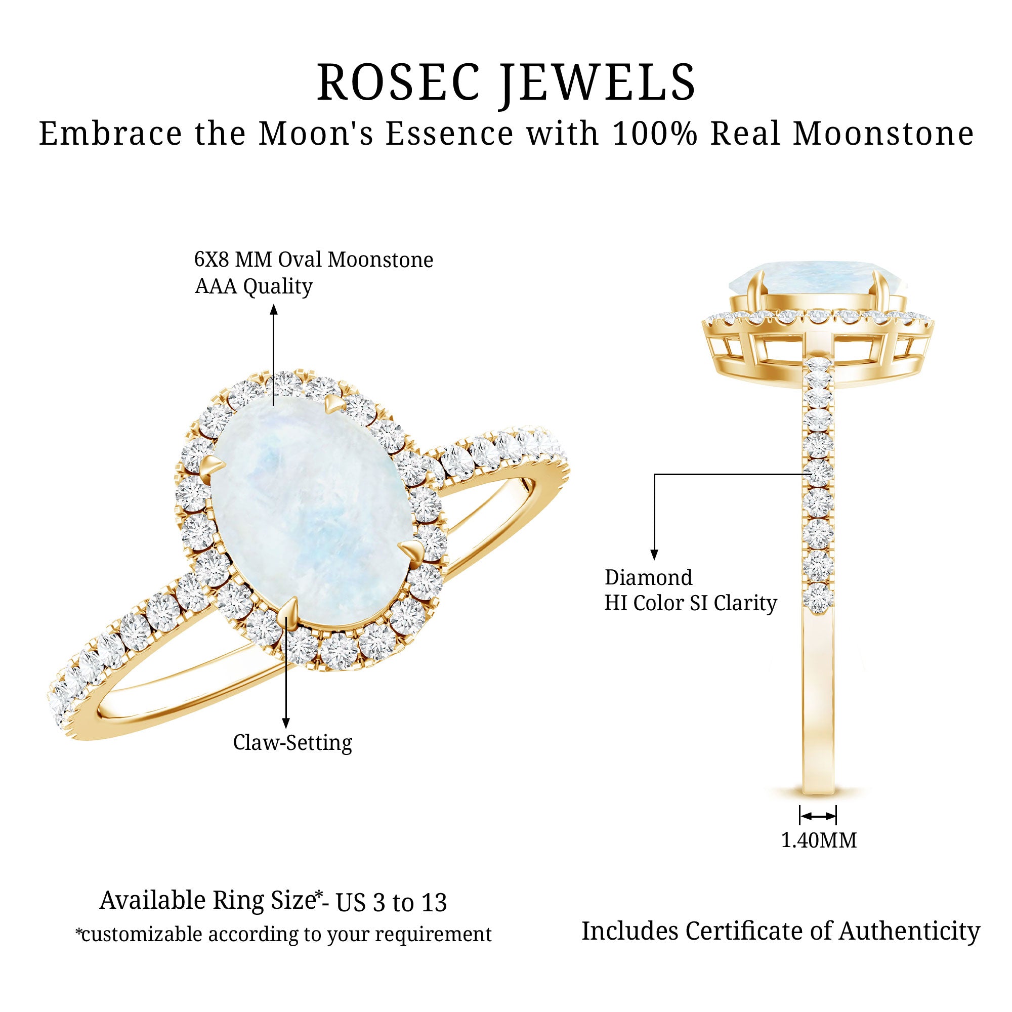 Oval Moonstone Engagement Ring with Diamond Halo AAA - Rosec Jewels