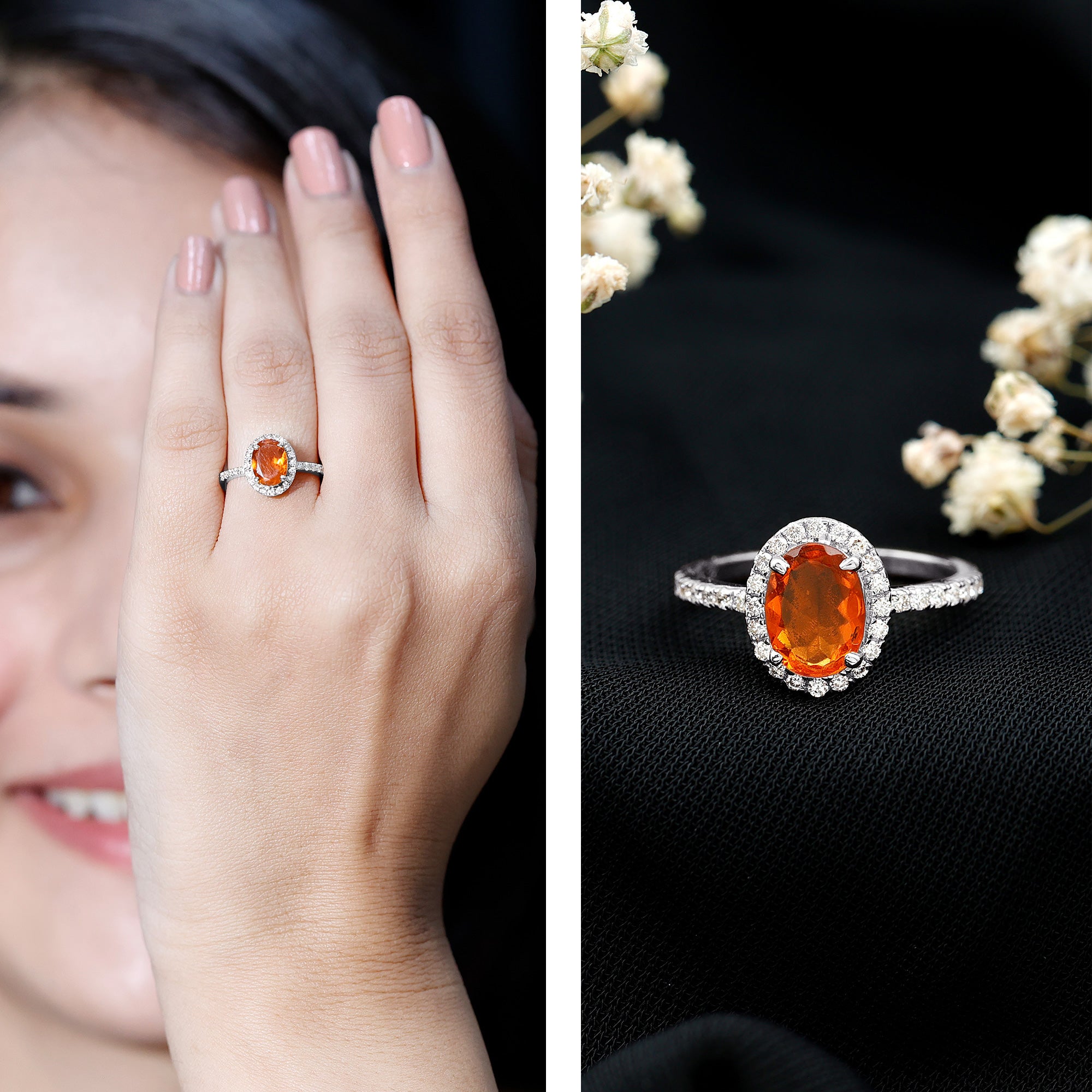 Rosec Jewels-Oval 6X8MM Fire Opal Engagement Ring with Diamond Halo