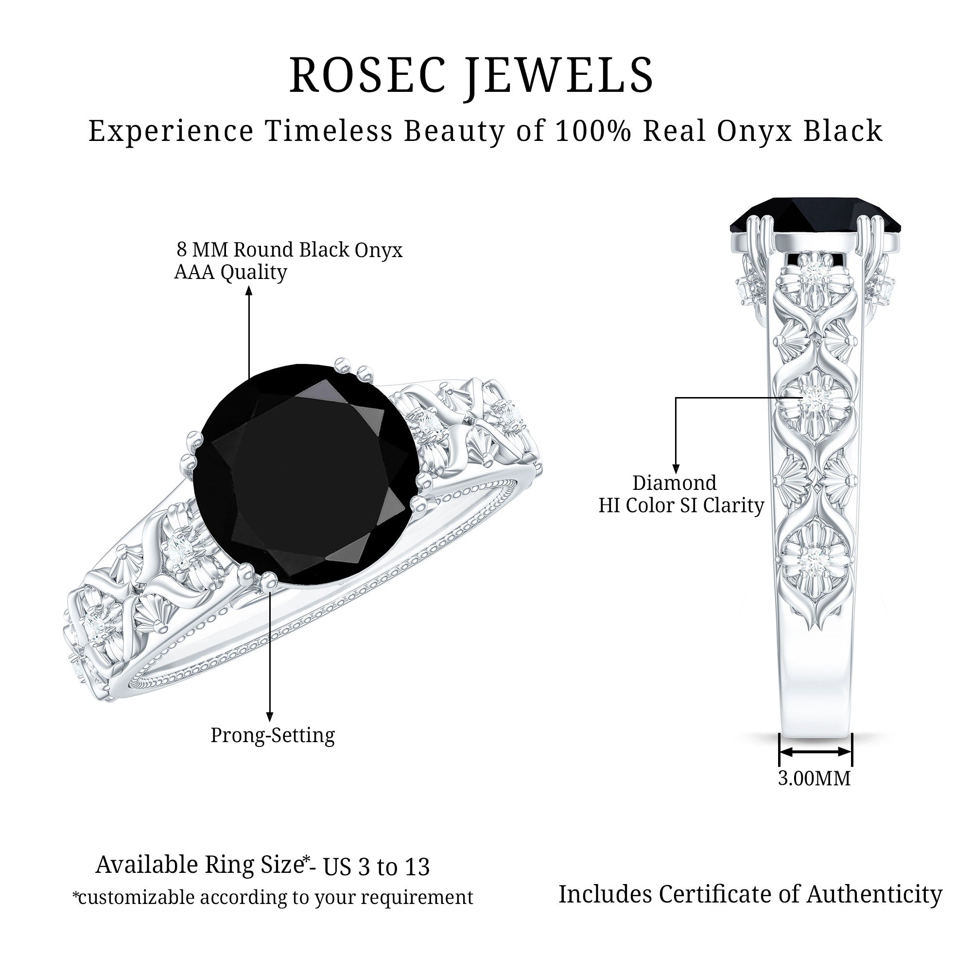 8mm Round Black Onyx Solitaire Antique Looking Engagement Ring with Diamond AAA - Rosec Jewels