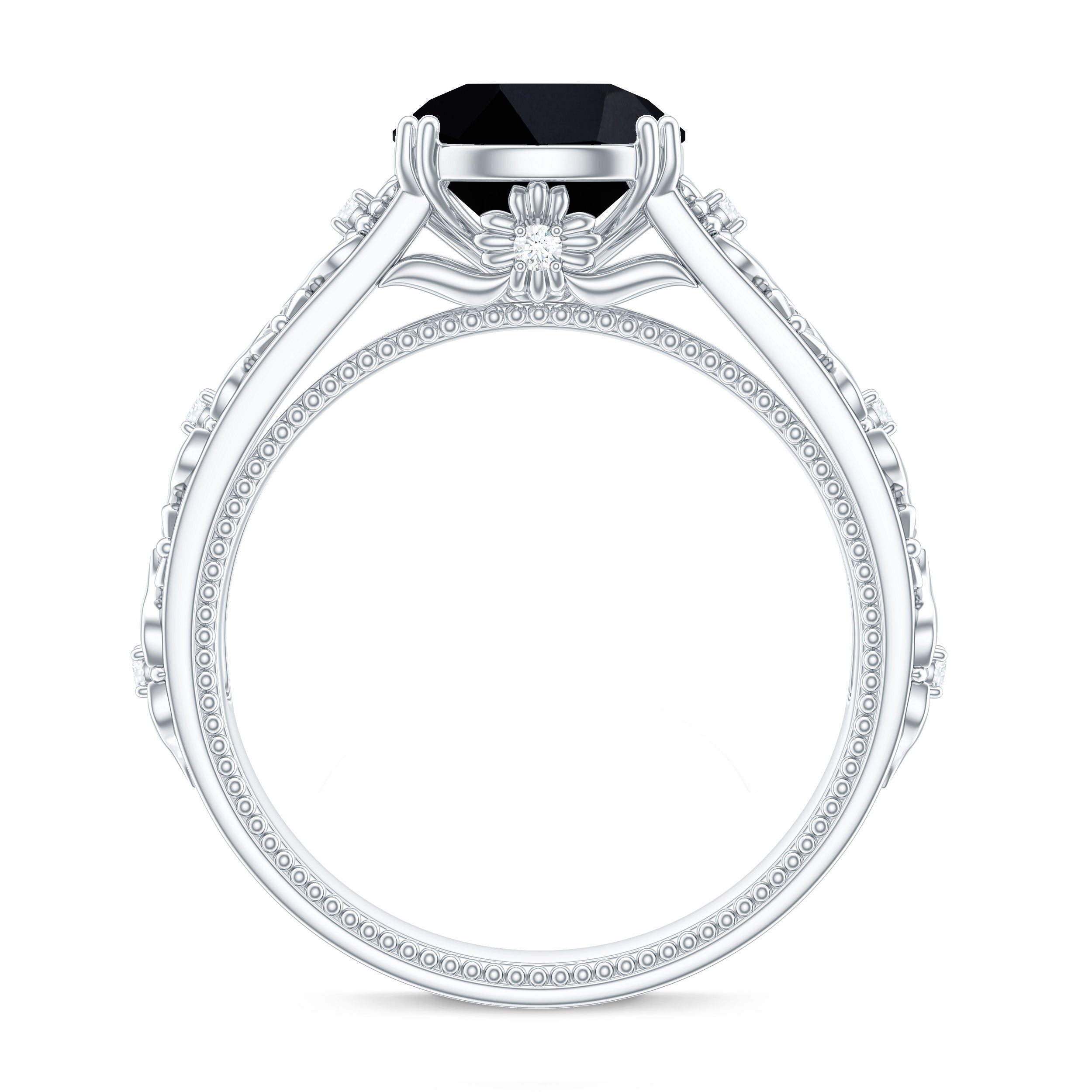 8mm Round Black Onyx Solitaire Antique Looking Engagement Ring with Diamond AAA - Rosec Jewels
