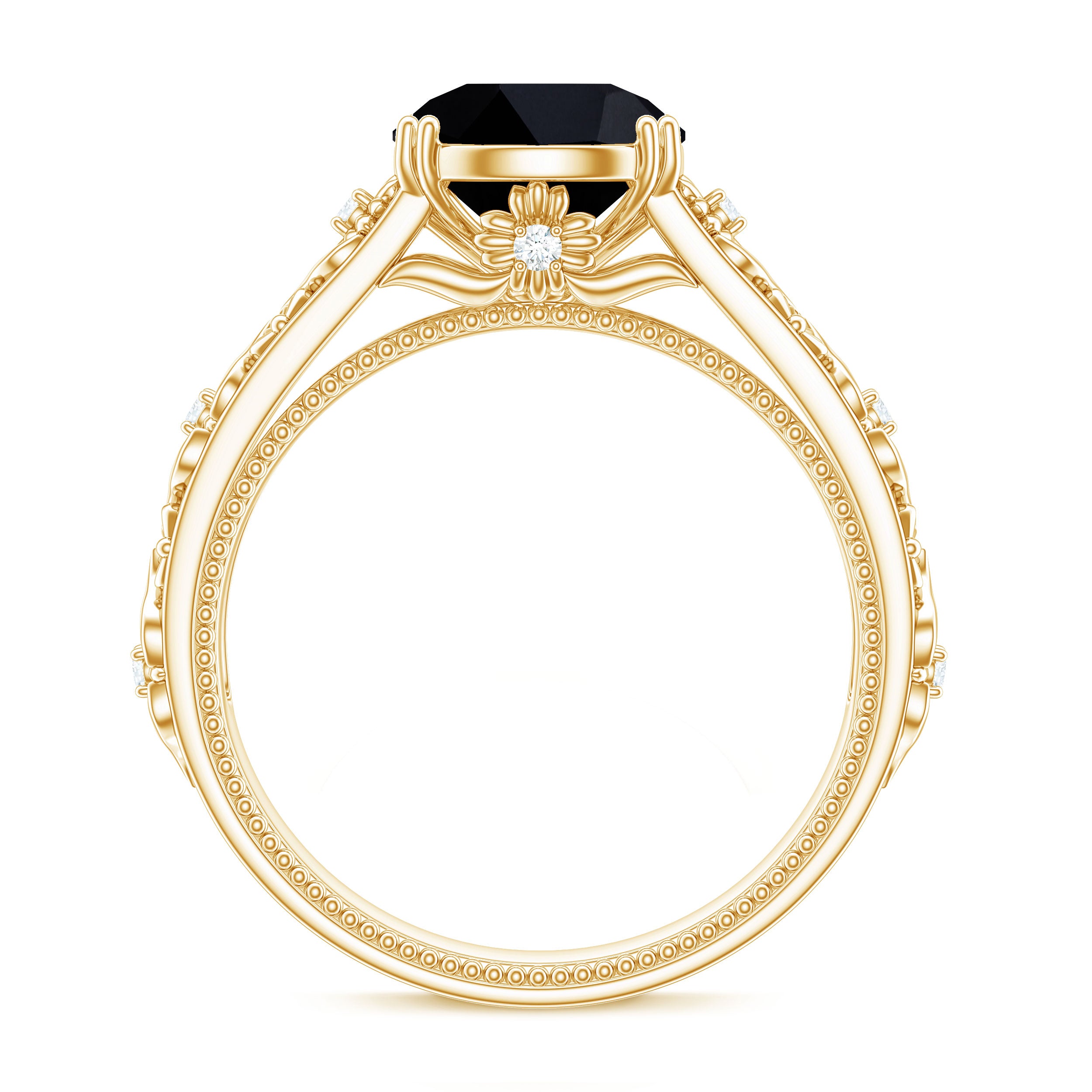 8mm Round Black Onyx Solitaire Antique Looking Engagement Ring with Diamond AAA - Rosec Jewels
