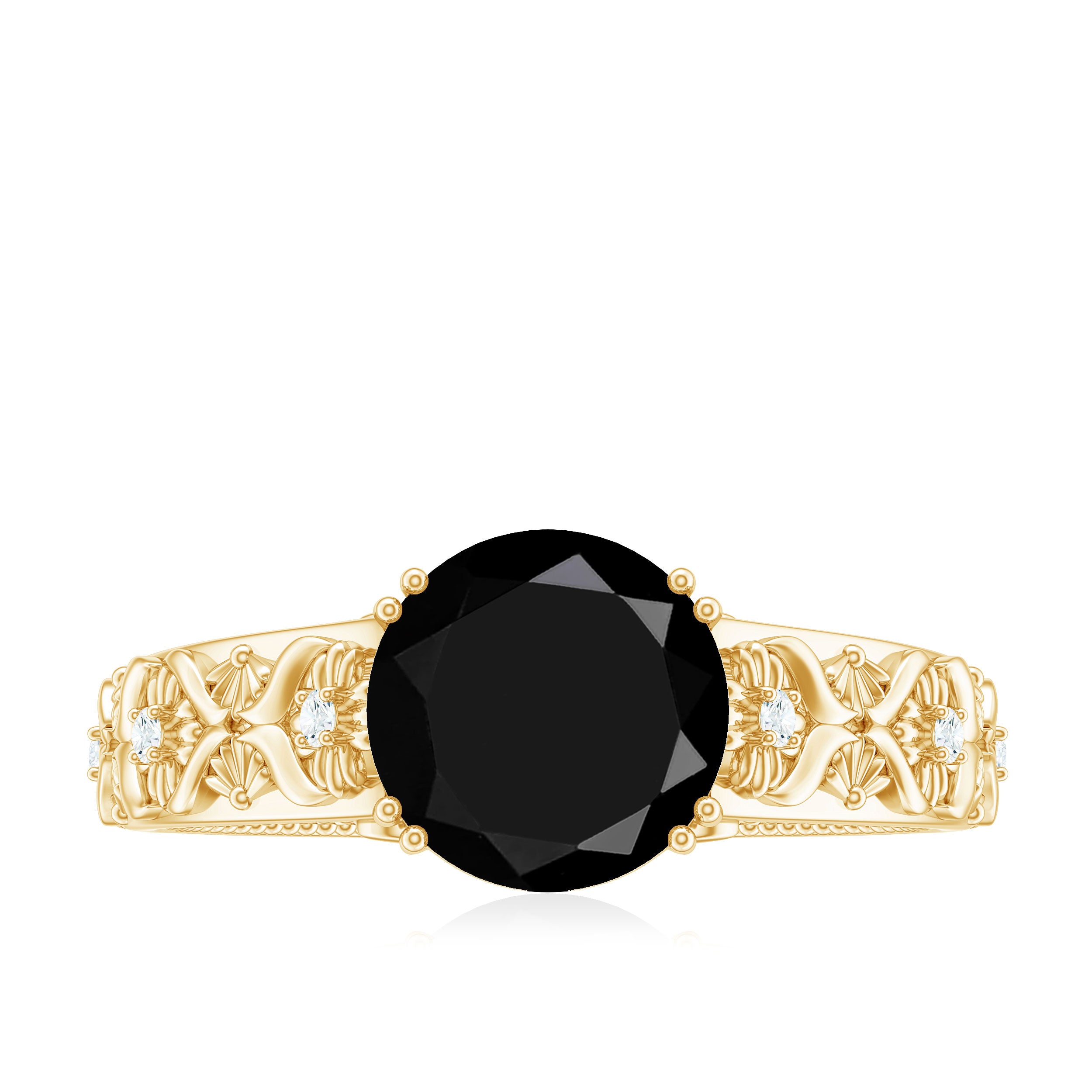 8mm Round Black Onyx Solitaire Antique Looking Engagement Ring with Diamond AAA - Rosec Jewels