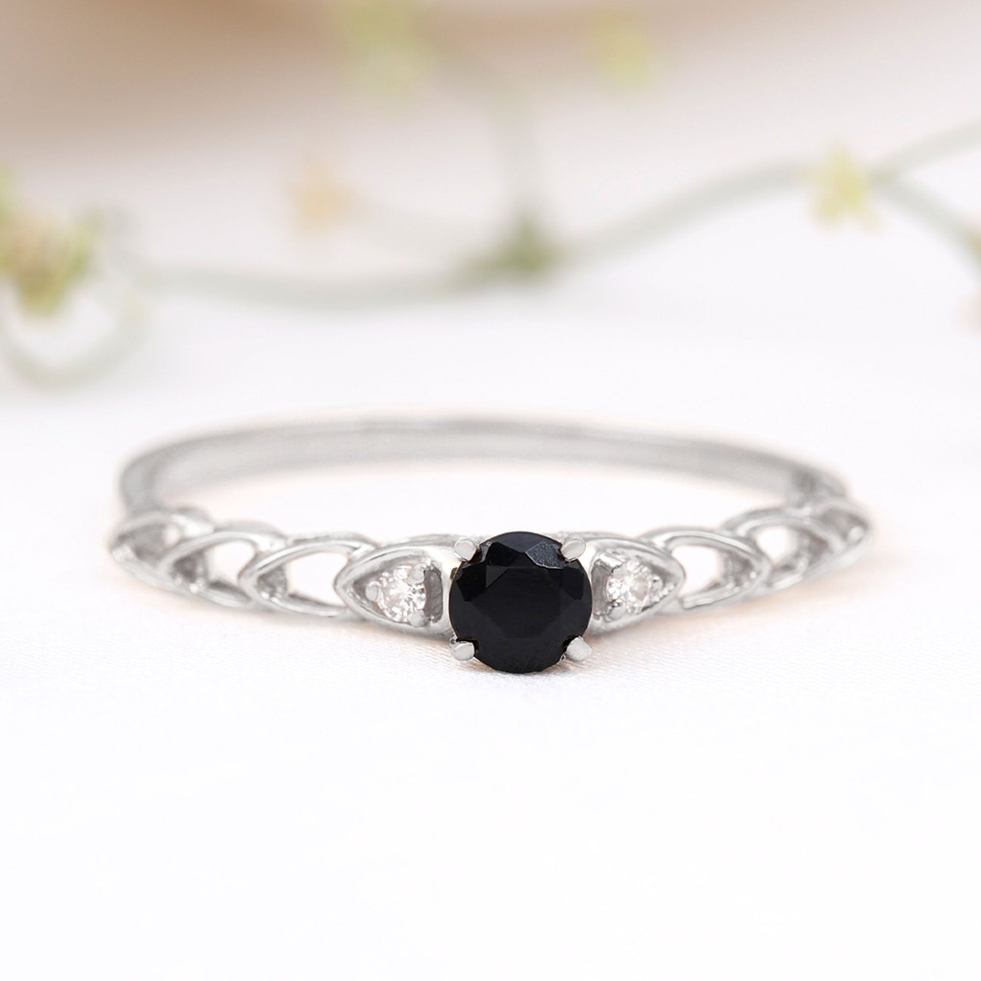 Rosec Jewels-Natural Black Spinel Diamond Promise Ring with Certificate