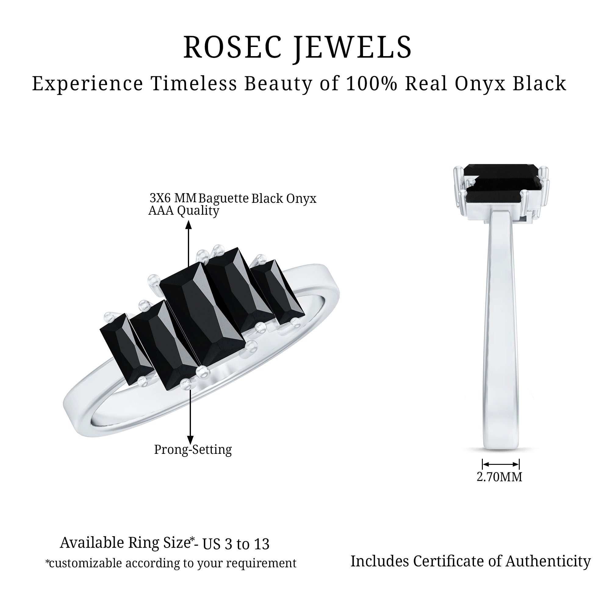 Baguette Cut Black Onyx 5 Stone Anniversary Ring AAA - Rosec Jewels