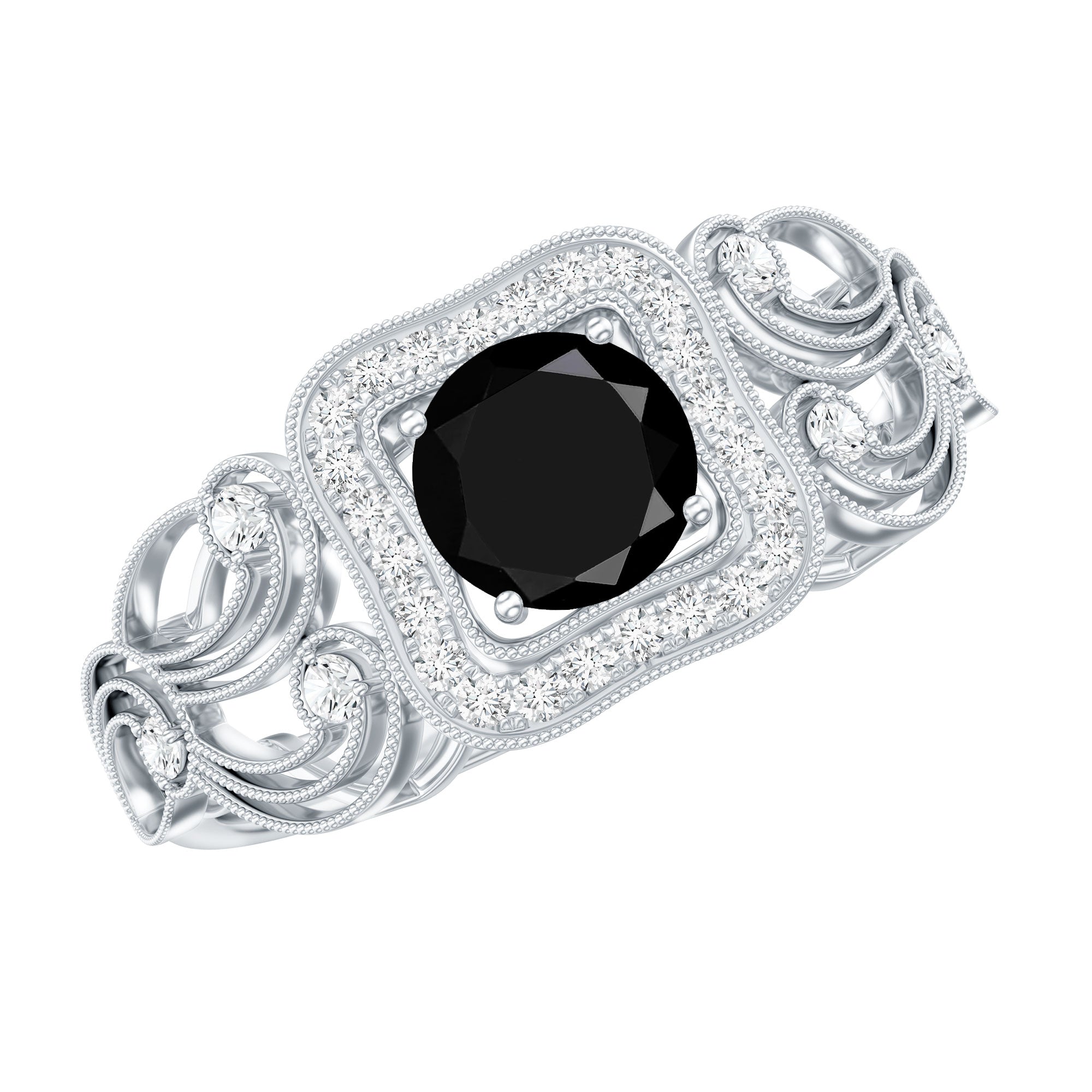 Natural Black Spinel Retro Engagement Ring with Diamond AAA - Rosec Jewels