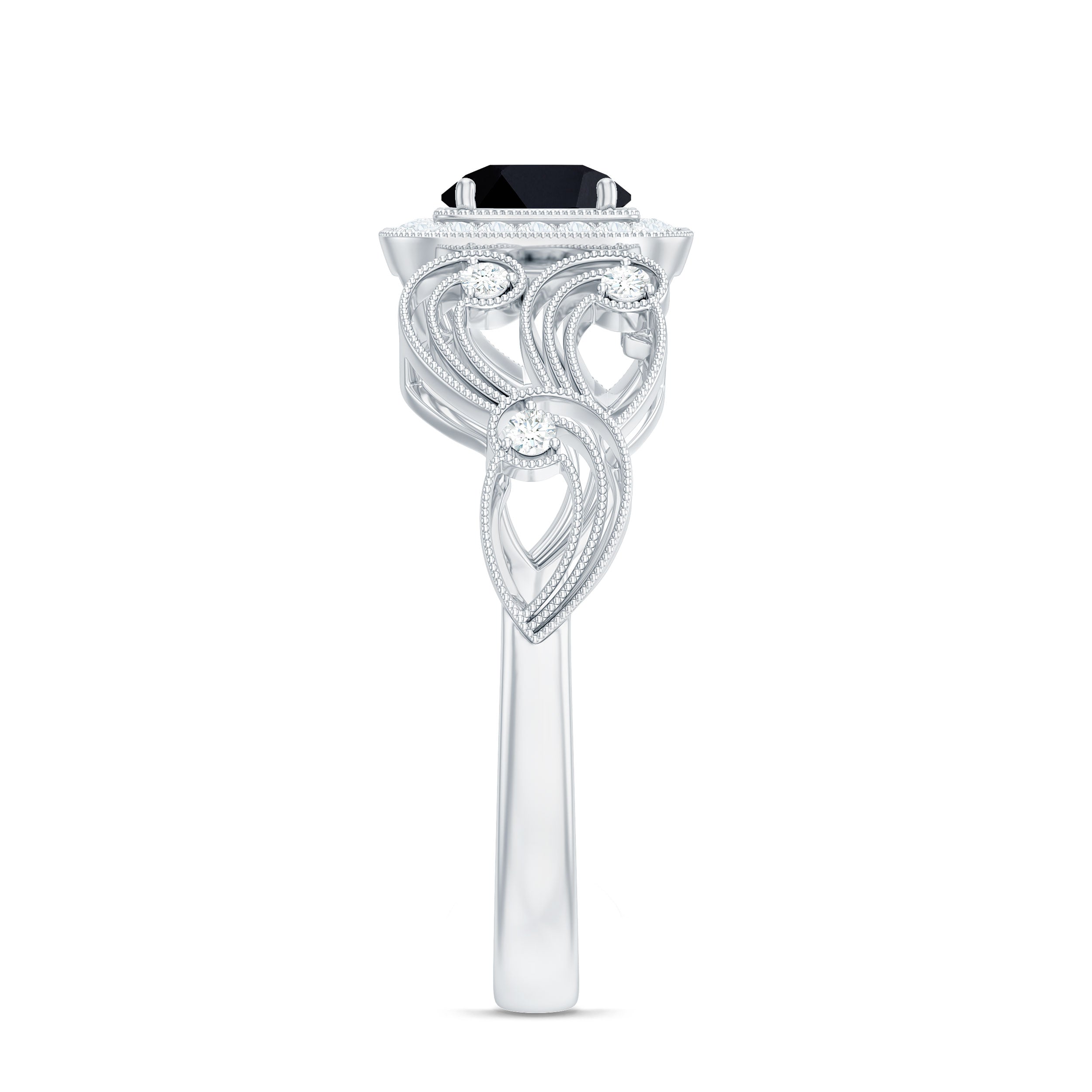 Natural Black Spinel Retro Engagement Ring with Diamond AAA - Rosec Jewels