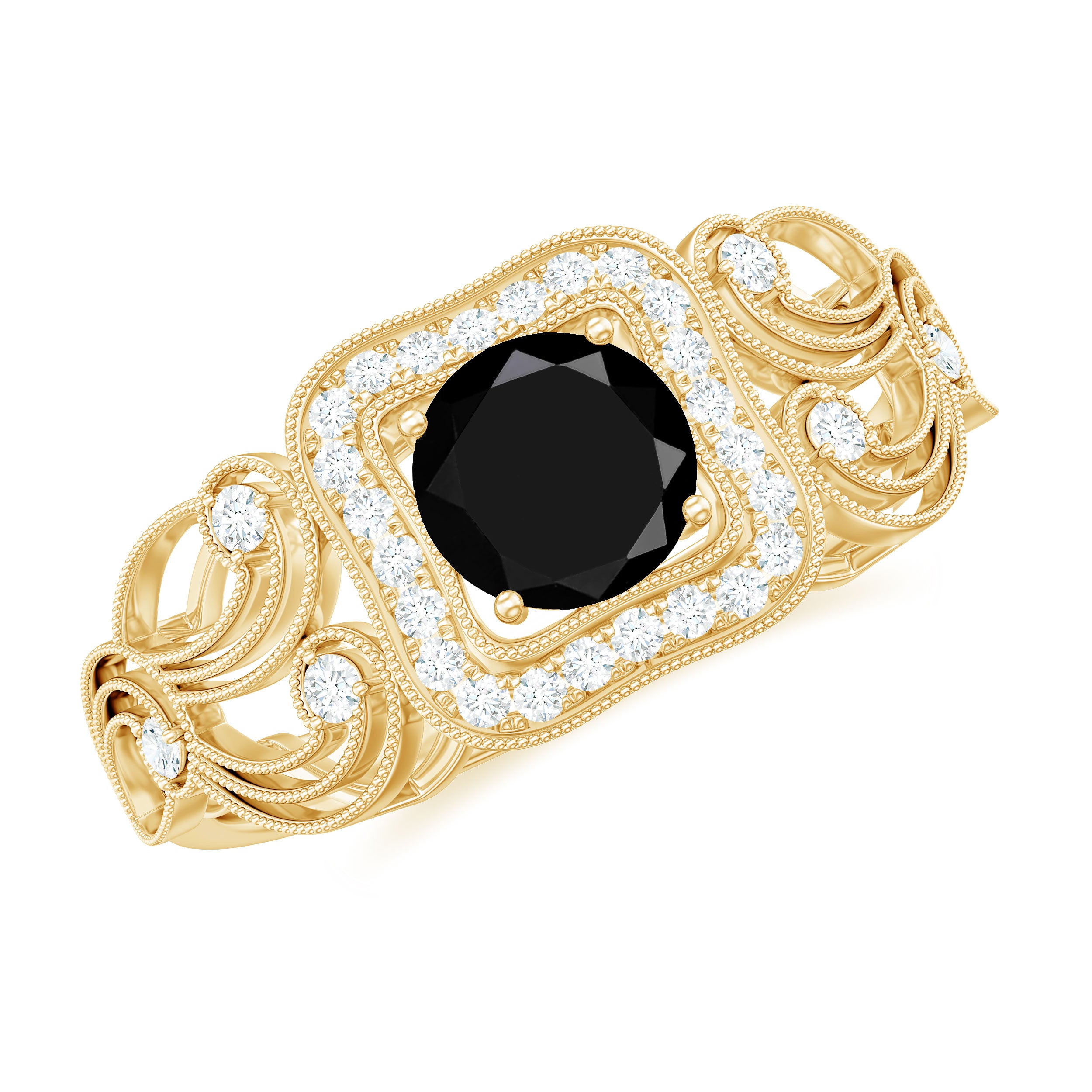Natural Black Spinel Retro Engagement Ring with Diamond AAA - Rosec Jewels