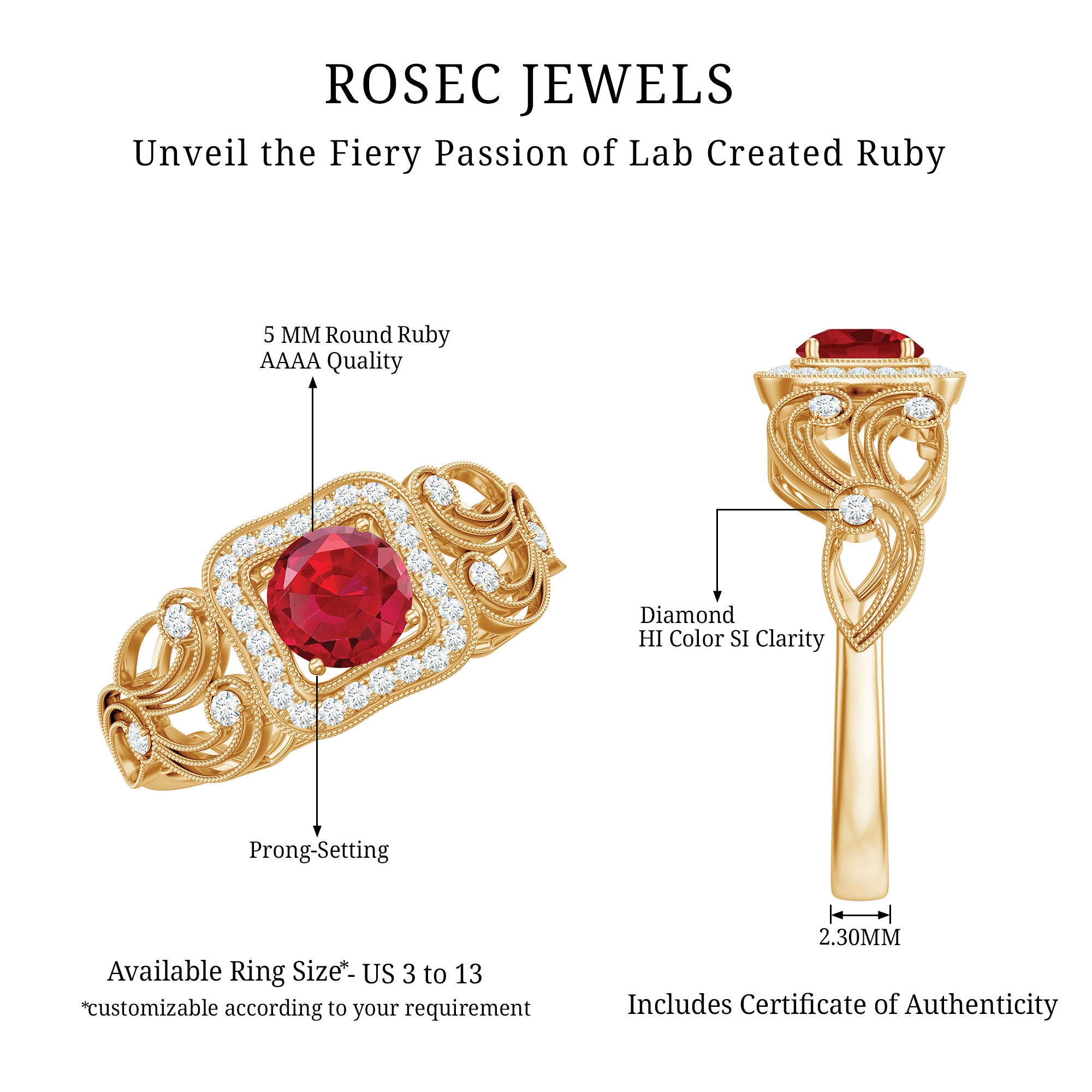Rosec Jewels-Certified Lab Created Ruby Antique Engagement Ring with Diamond