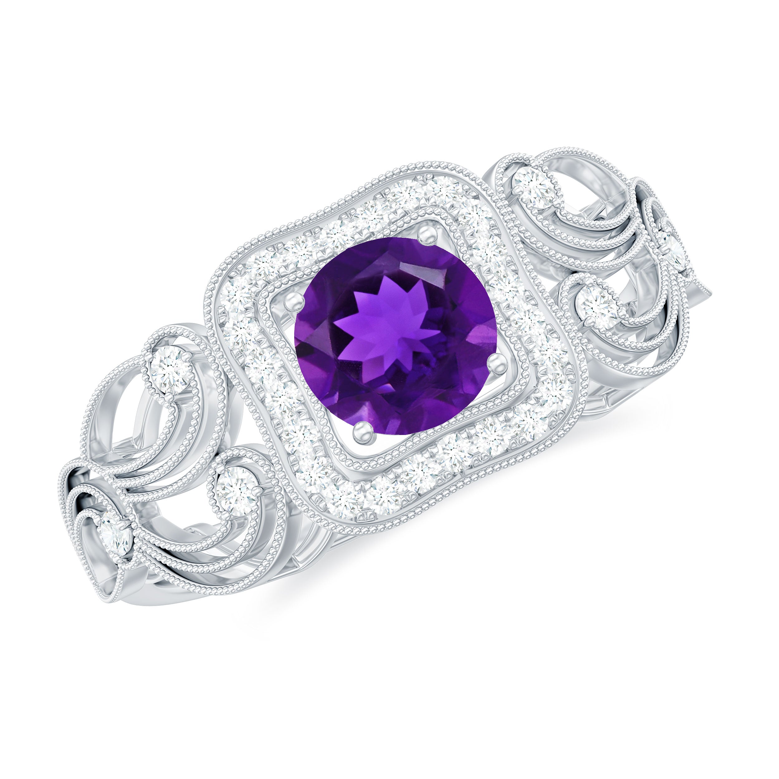 Vintage Inspired Real Amethyst Engagement Ring with Diamond AAA - Rosec Jewels