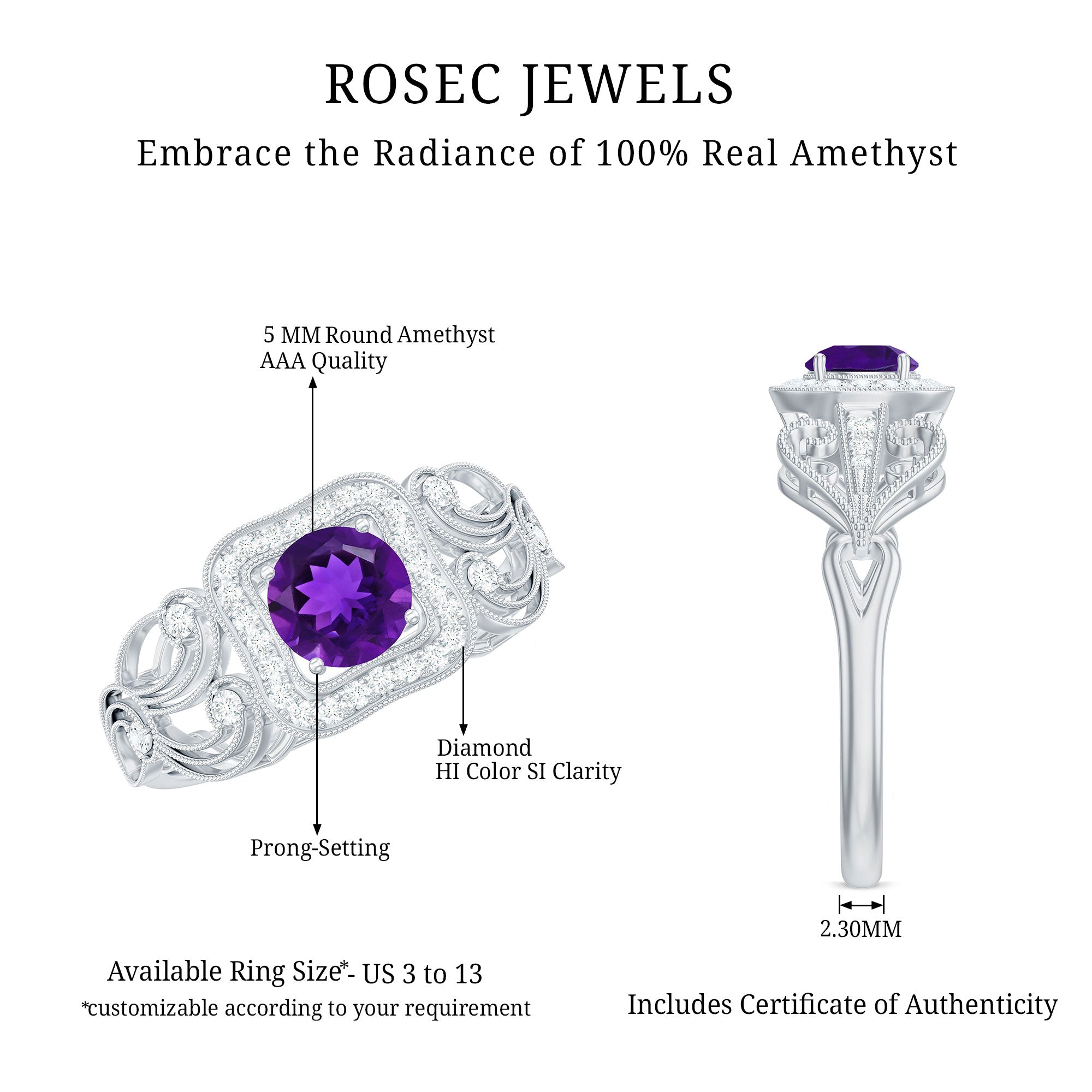 Vintage Inspired Real Amethyst Engagement Ring with Diamond AAA - Rosec Jewels